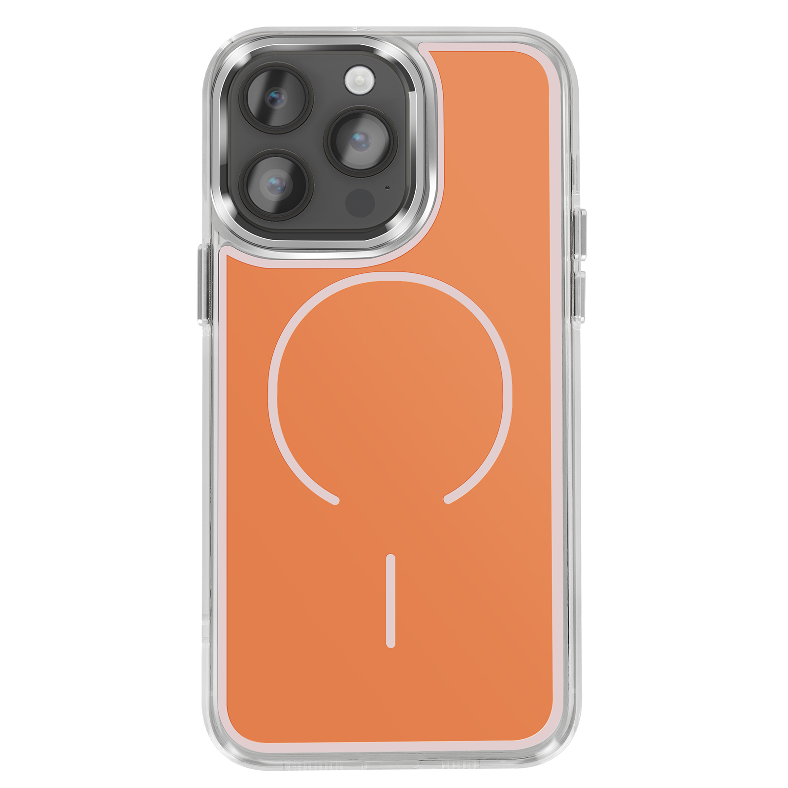 Een doorzichtige telefoonhoes met oranje inzetstuk en cameramodule.