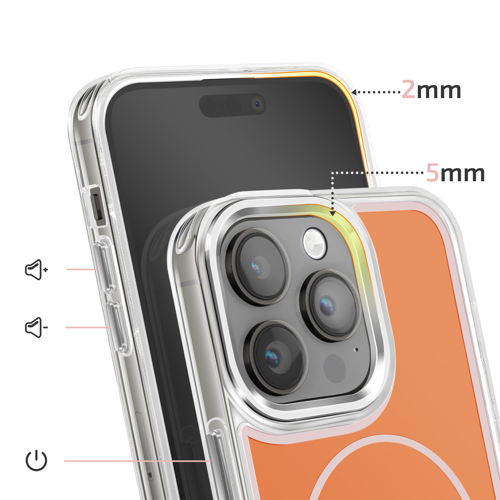 Transparante telefoonhoes met gekleurde inzet toont camera's en knoppen.