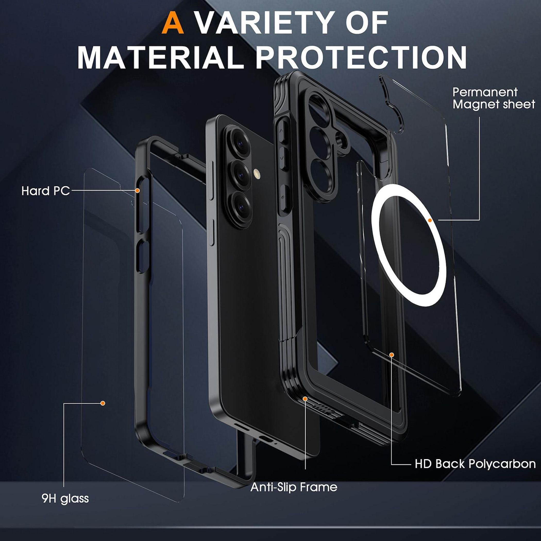 Schwarzes Handy mit Schutzhülle: HD-Polycarbonat, Magnet, Glas.