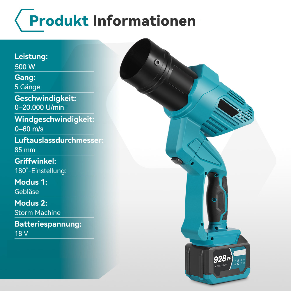 Ein türkisfarbener Laubbläser mit schwarzem Mundstück und Batterie.