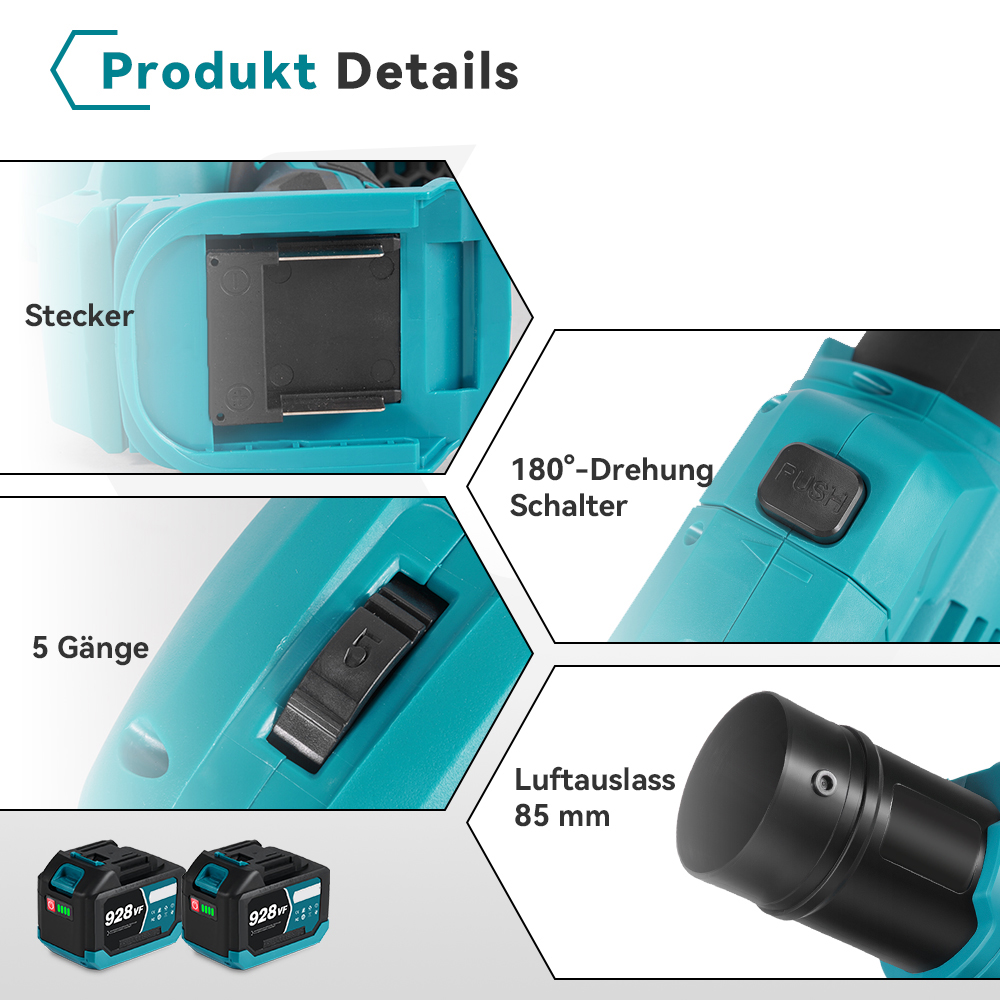 Produkt-Details: Stecker, 5 Gänge Schalter, 180° Drehung, Luftauslass 85 mm, zwei Akkus.