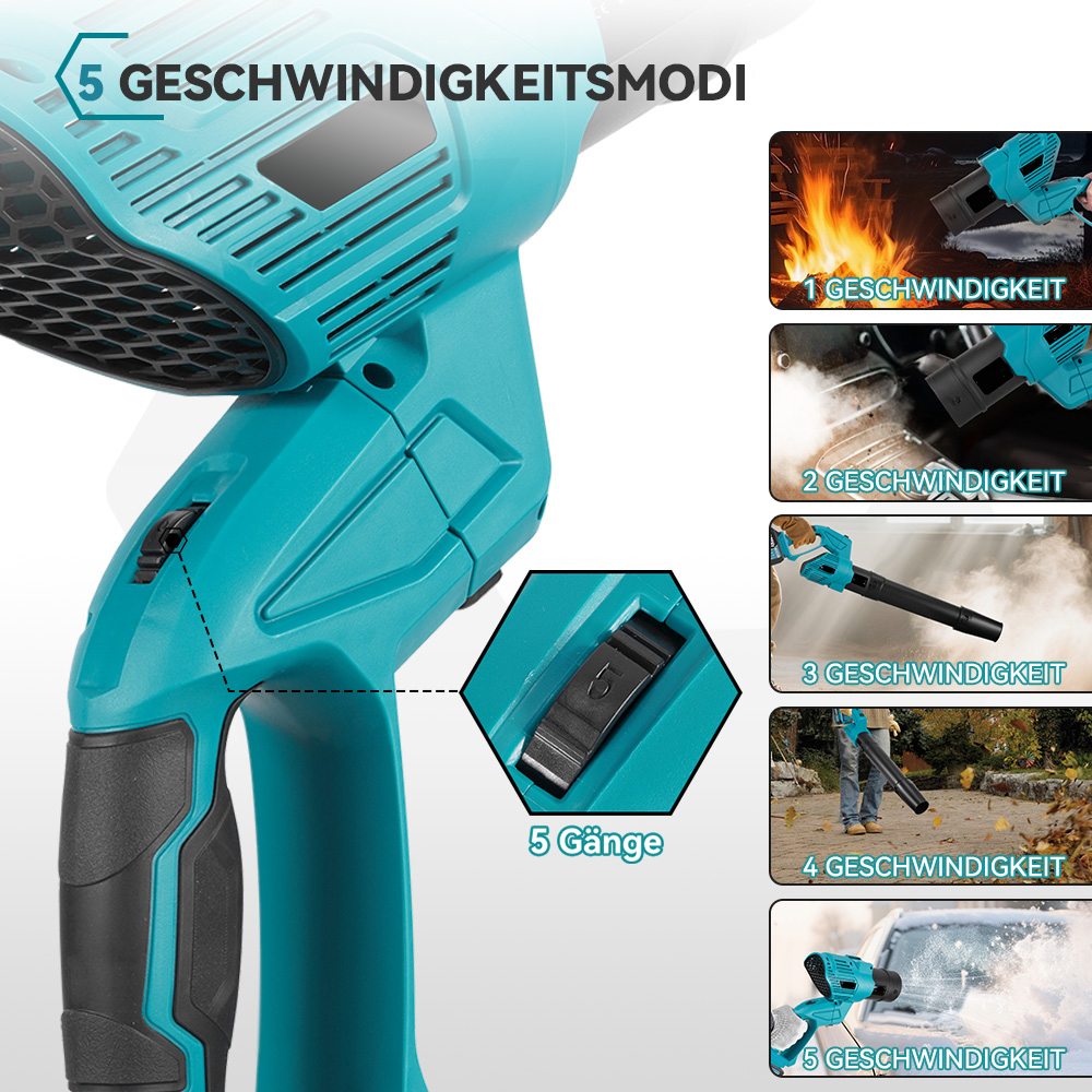 Ein blauer Laubbläser mit 5 Gängen, gezeigt in verschiedenen Anwendungen.