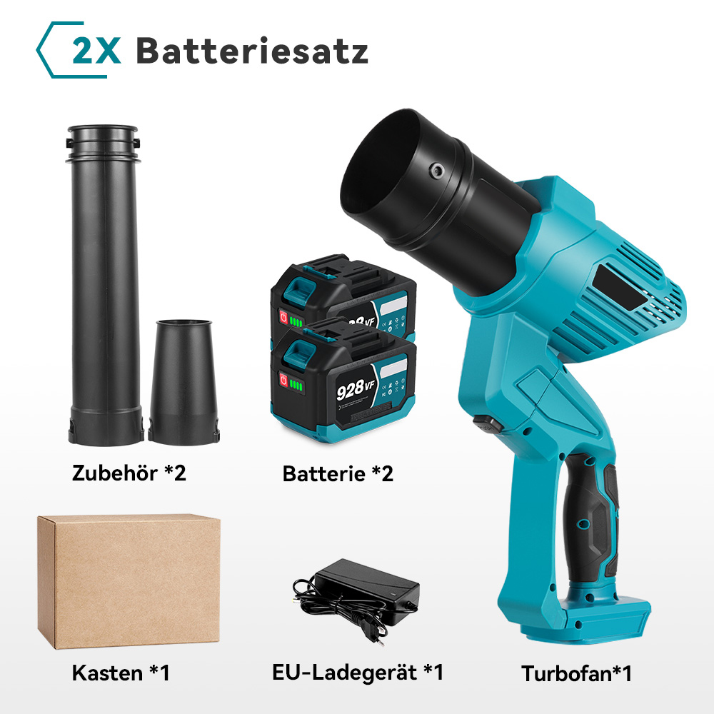 Ein blauer Turbofan mit Zubehör, Batterien, Ladegerät und Karton.