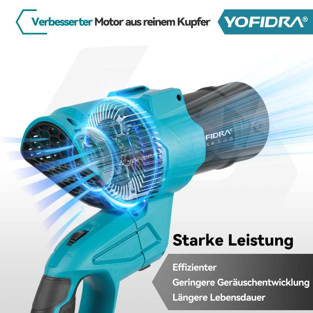 Ein türkisfarbener Laubbläser mit Fokus auf den Motor und Luftstrom. Starker Leistung.