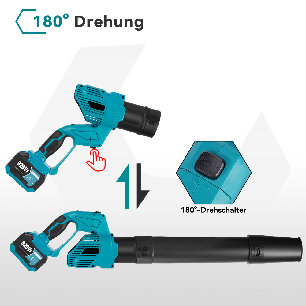 Zwei Ansichten eines blauen Laubbläsers mit Akku, die 180° Drehung zeigen.