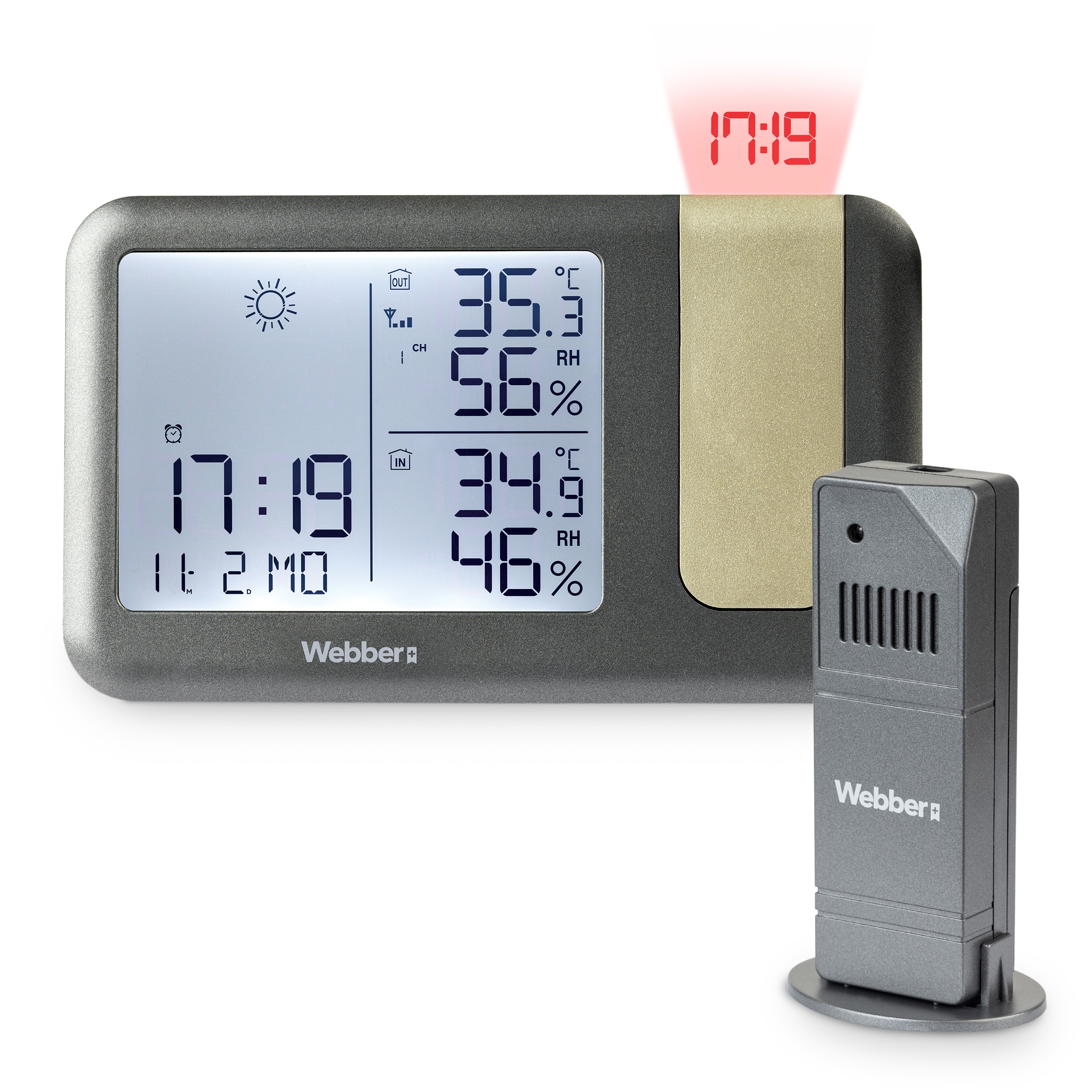 Zegar cyfrowy z czujnikiem zewnętrznym pokazuje 35,3°C i 56% wilgotności. Wewnątrz 34,9°C i 46%.