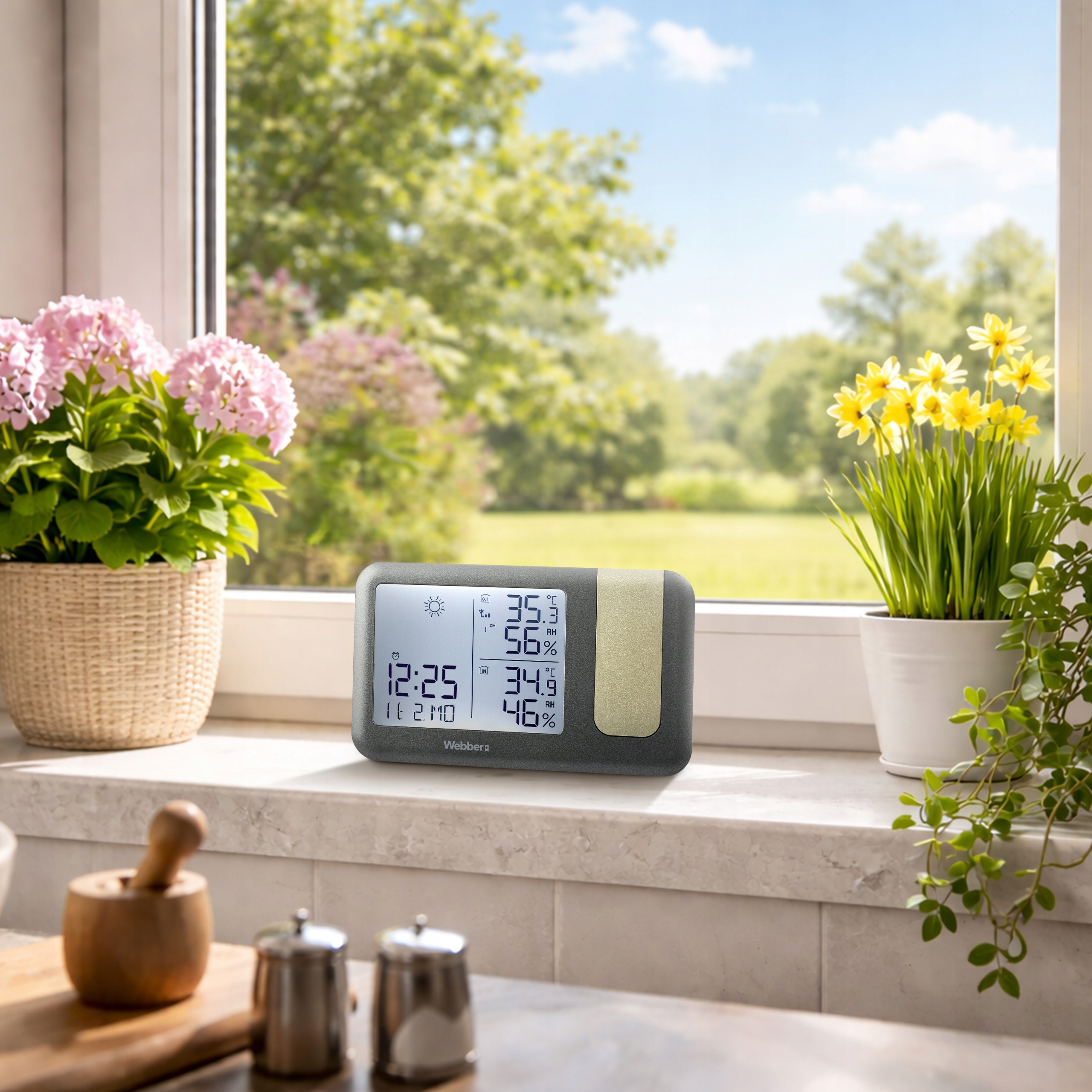 Cyfrowa stacja pogodowa na parapecie z kwiatami i widokiem na zewnątrz.
