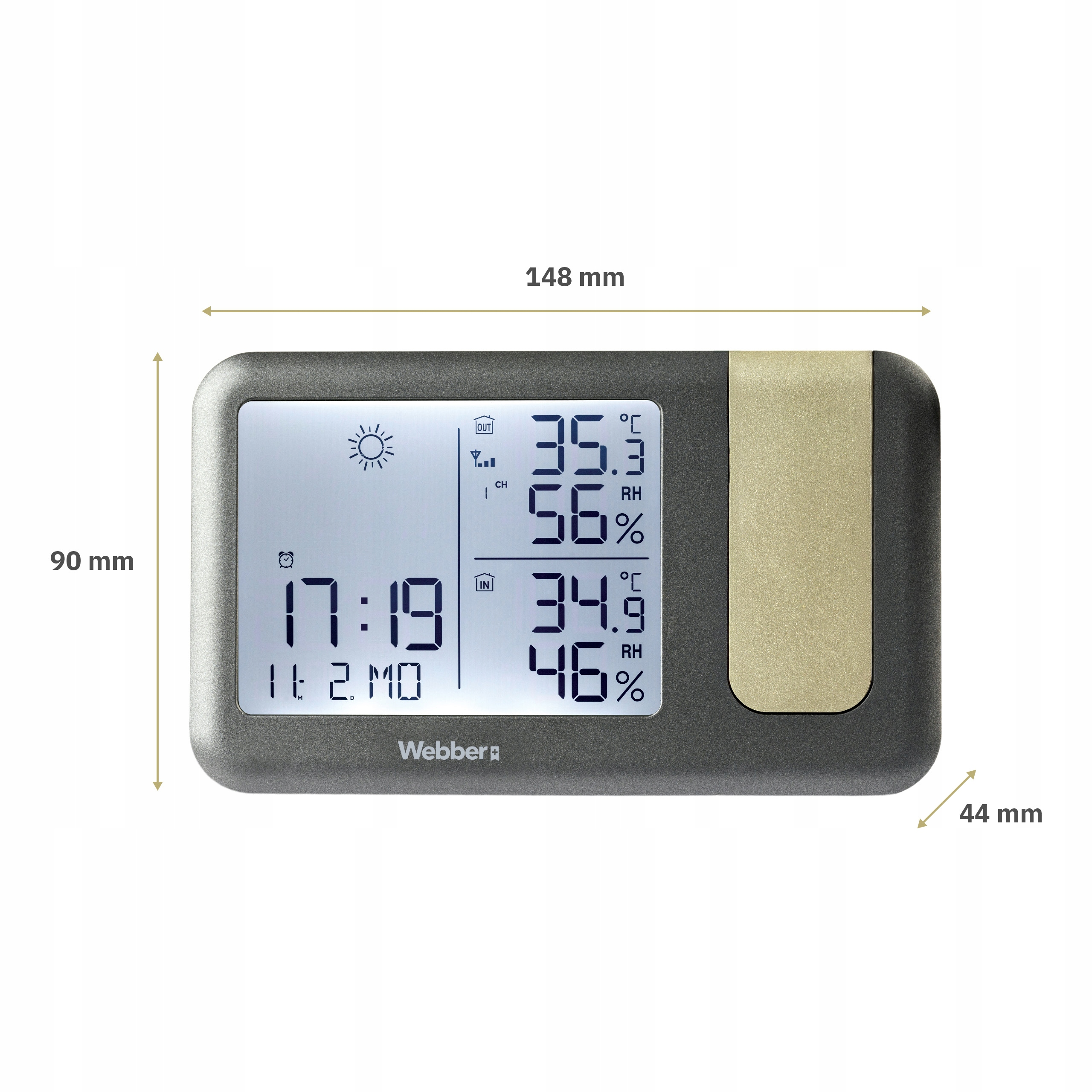 Termometr cyfrowy pokazuje czas, temp. zewn. 35.3C, wilgotność 56%.