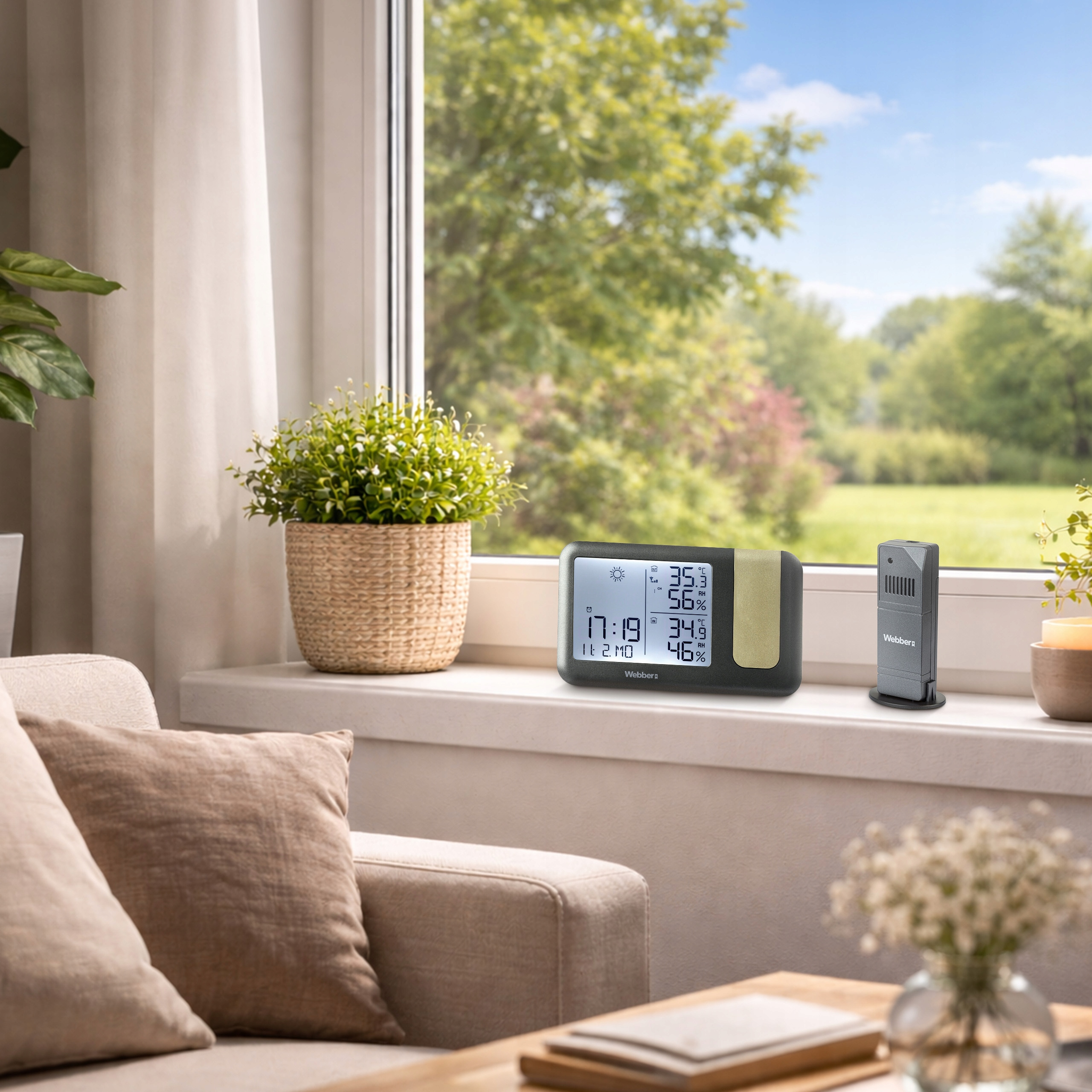 Stacja pogodowa na parapecie obok rośliny.