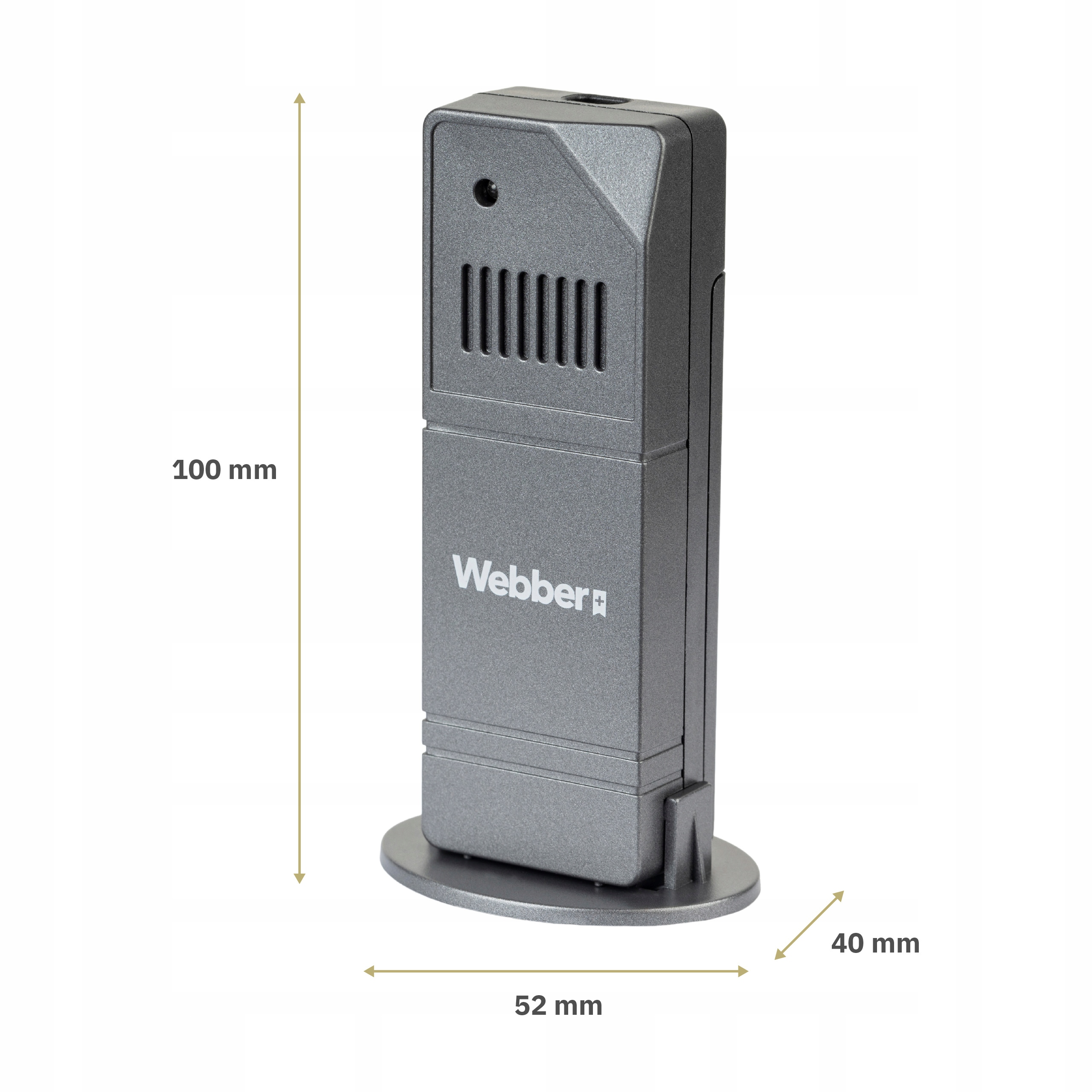 Szare urządzenie Webber z otworami wentylacyjnymi i wymiarami.
