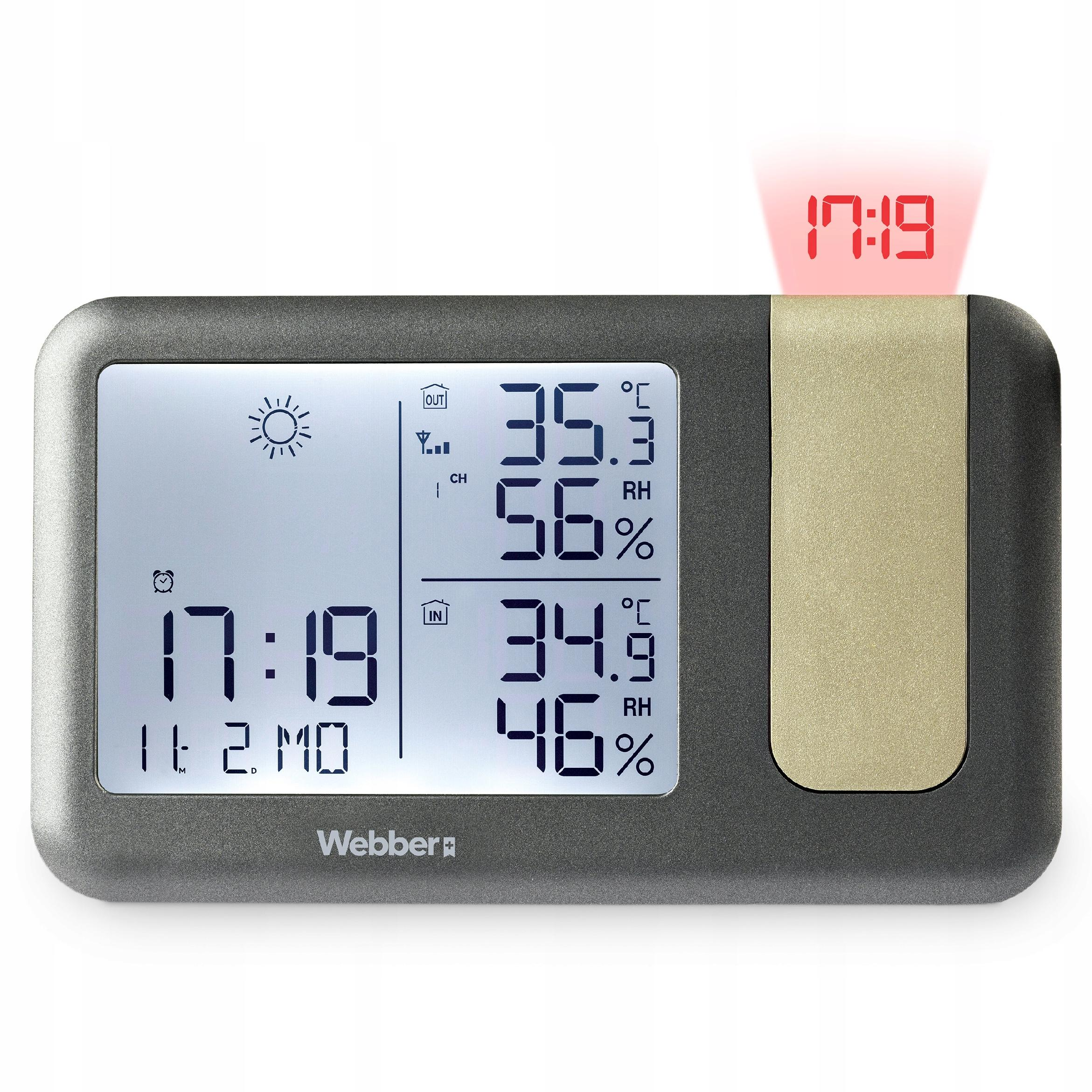 Cyfrowa stacja pogodowa pokazuje 35.3°C na zewnątrz, 34.9°C wewnątrz.