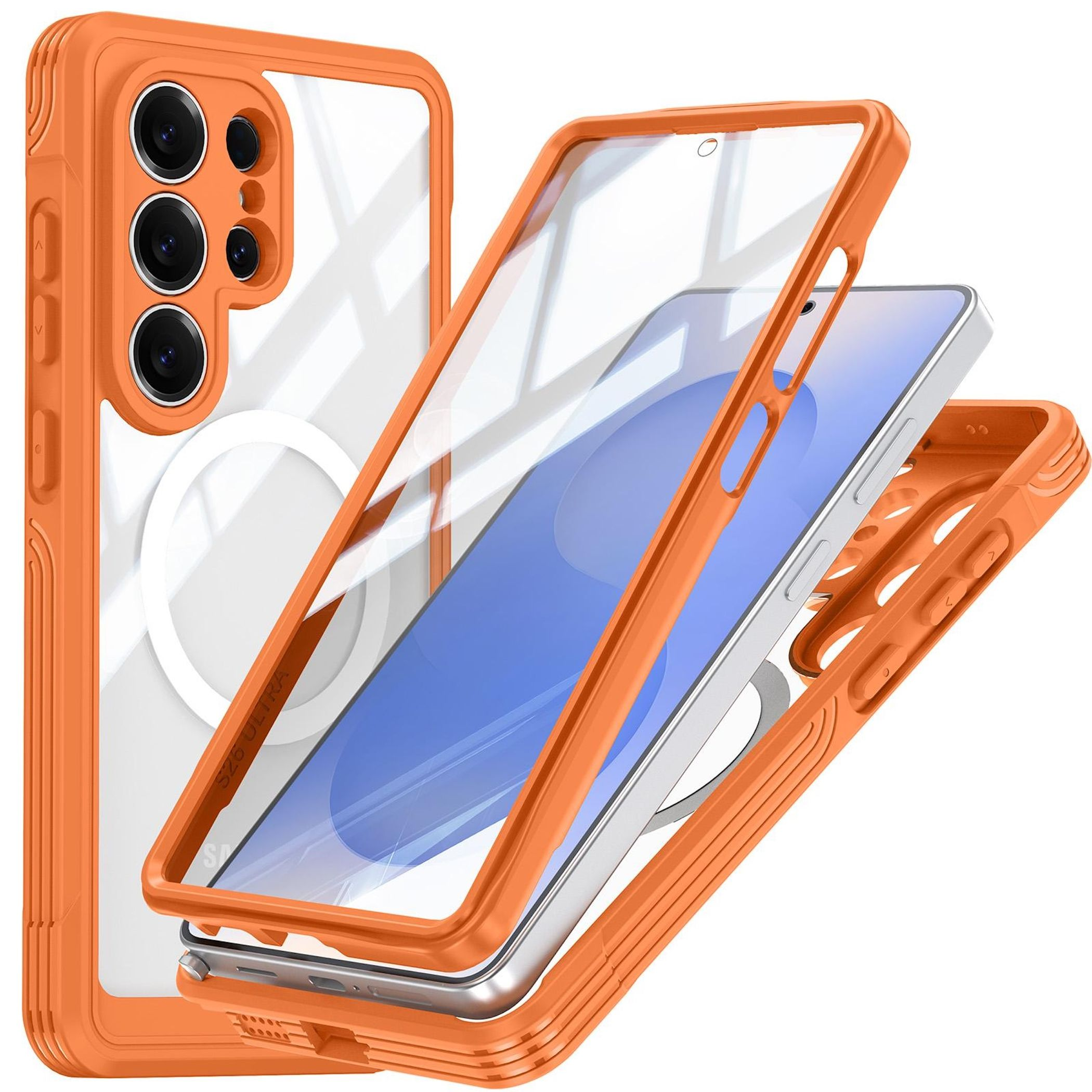Orange Schutzhülle für ein Smartphone mit transparenter Rückseite und Kameras.