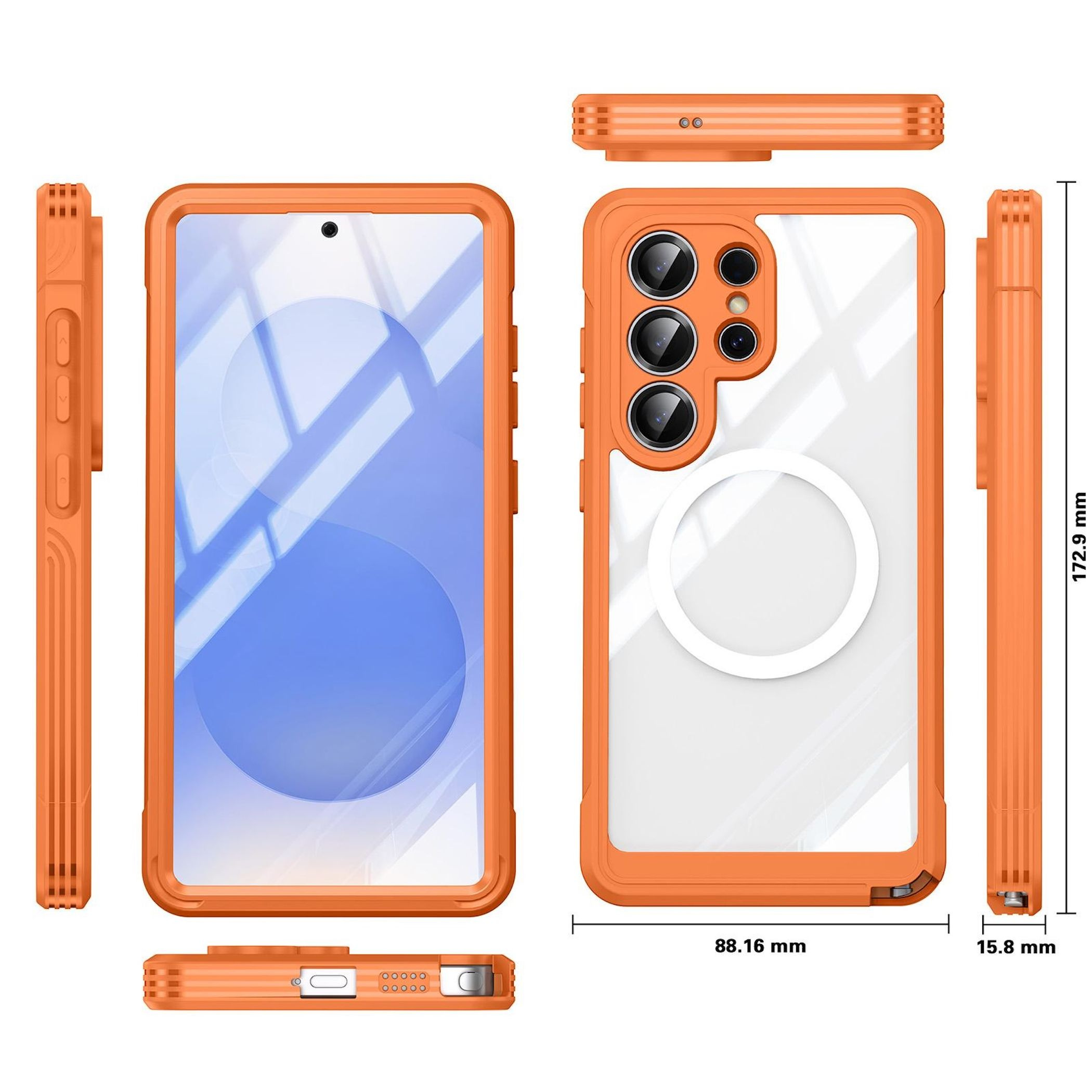 Orange Hülle mit transparentem Rücken und drei Kameras.
