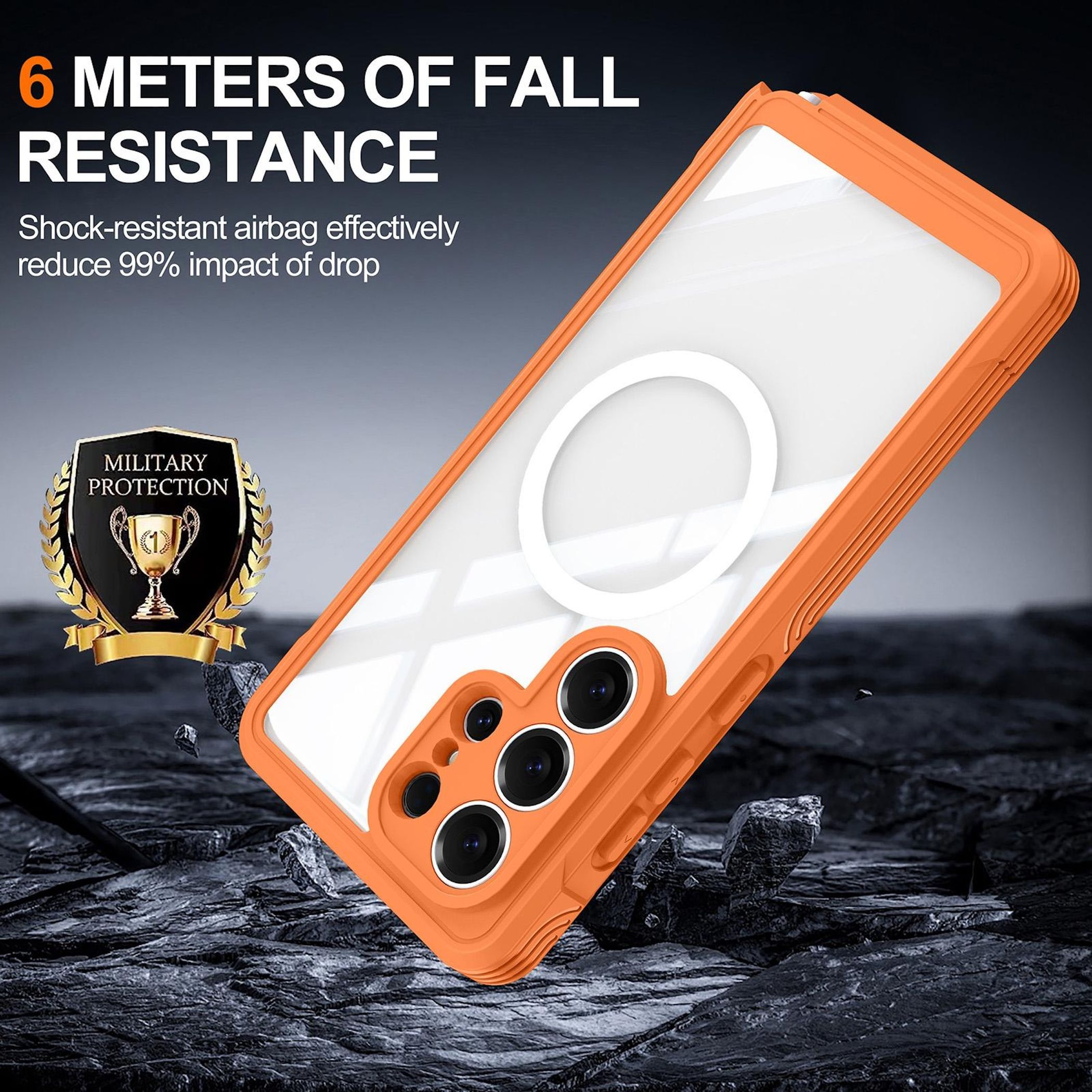Orange Handyhülle mit Kamera und MagSafe-Ring, 6m Fallschutz.