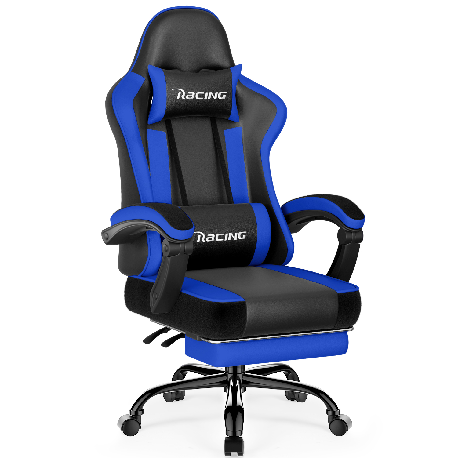 Ein schwarzer und blauer Gaming-Stuhl mit Rädern und einer ausziehbaren Fußstütze.