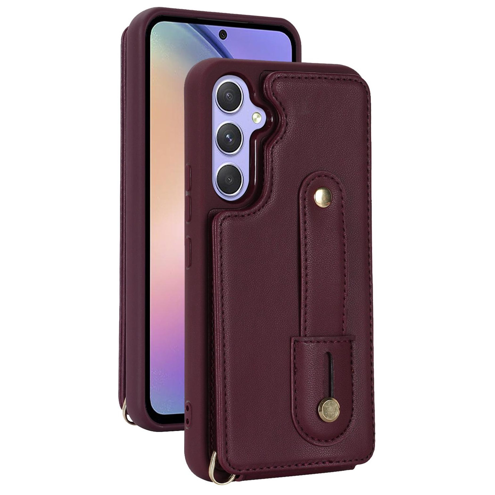Funda de teléfono burdeos con tarjetero y soporte. Aislada en blanco.