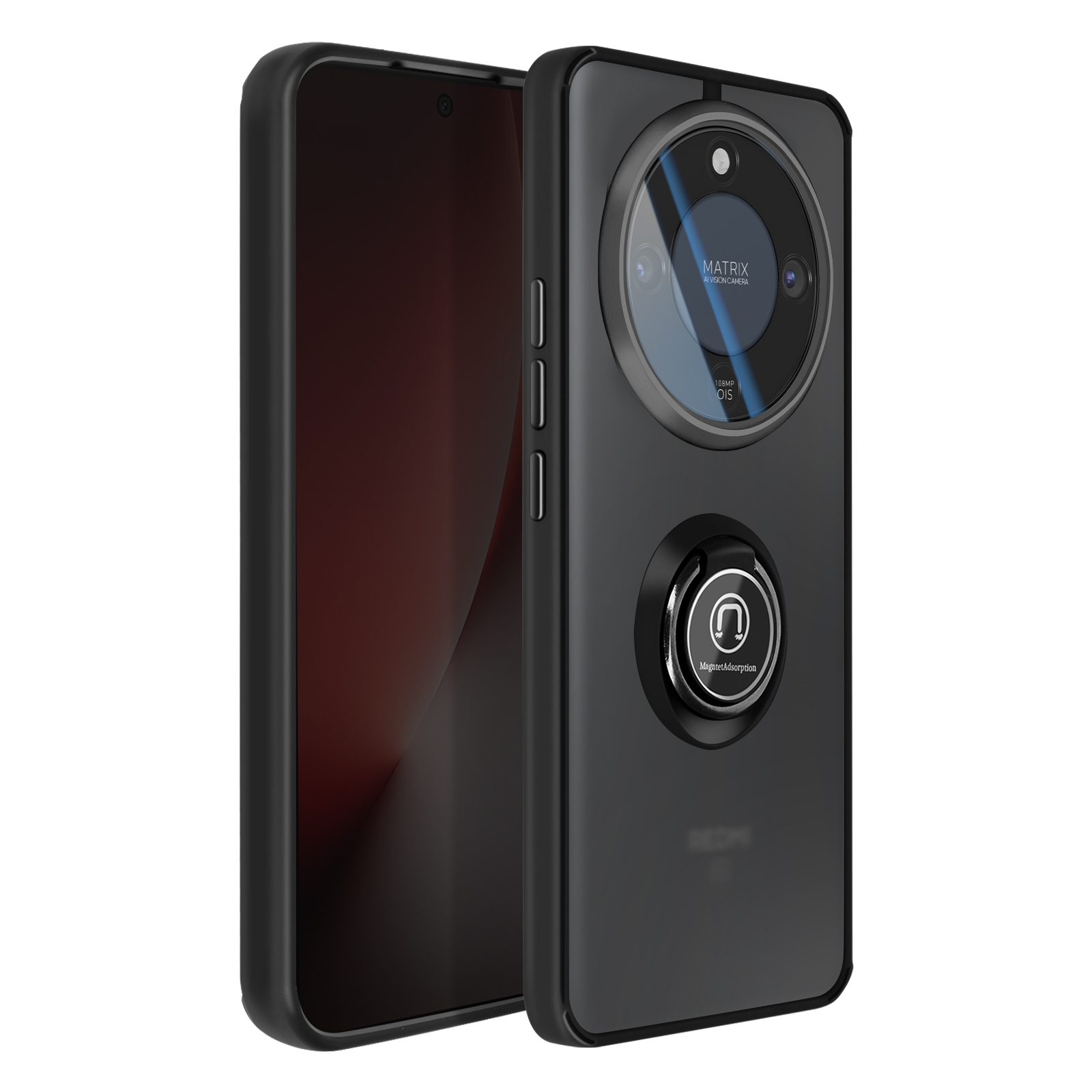 Smartphone noir avec appareil photo Matrix et anneau magnétique sur fond blanc.