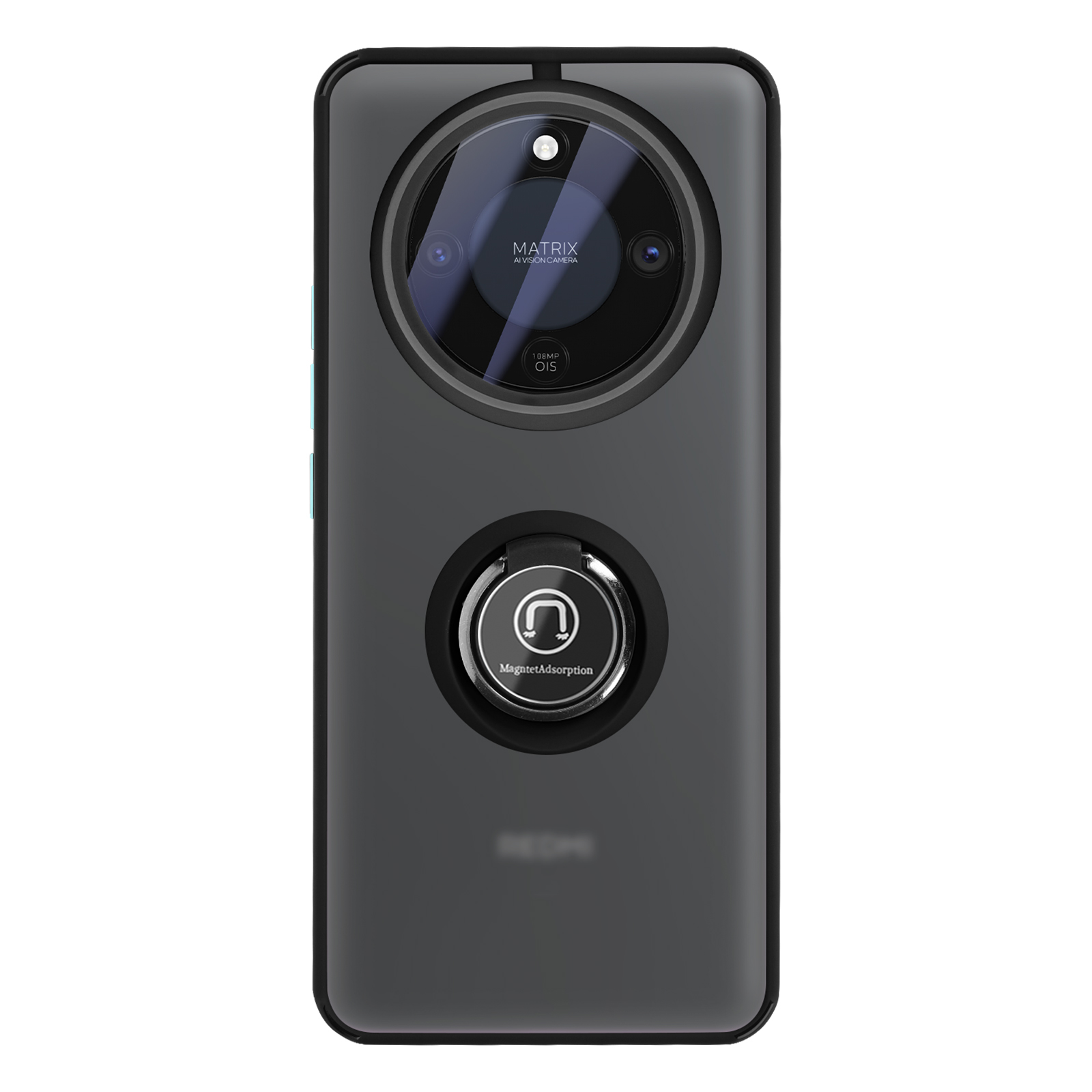 Arrière d'un smartphone noir avec triple appareil photo et support annulaire.