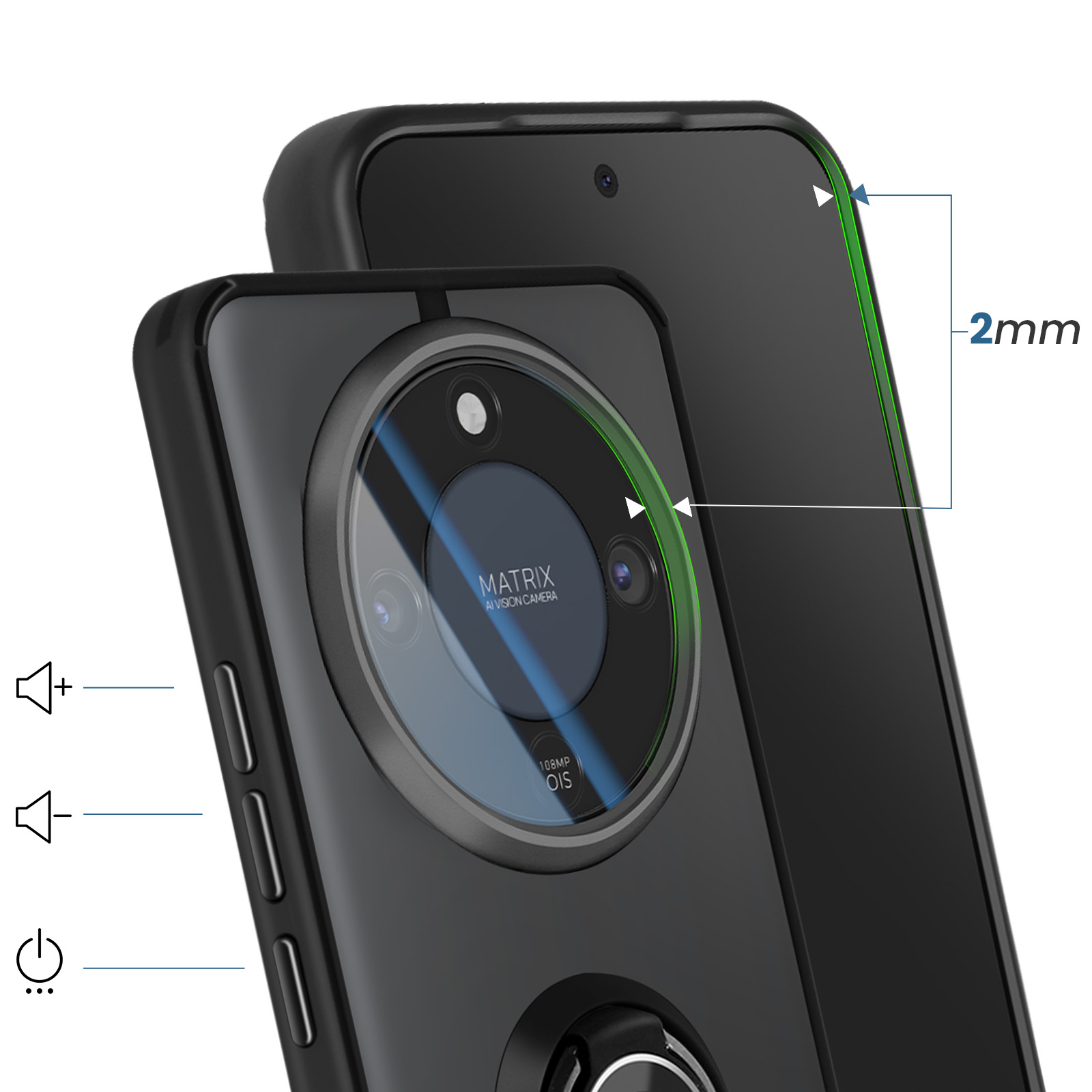 Smartphone noir avec caméra Matrix, bord de 2mm et boutons volume/alimentation.