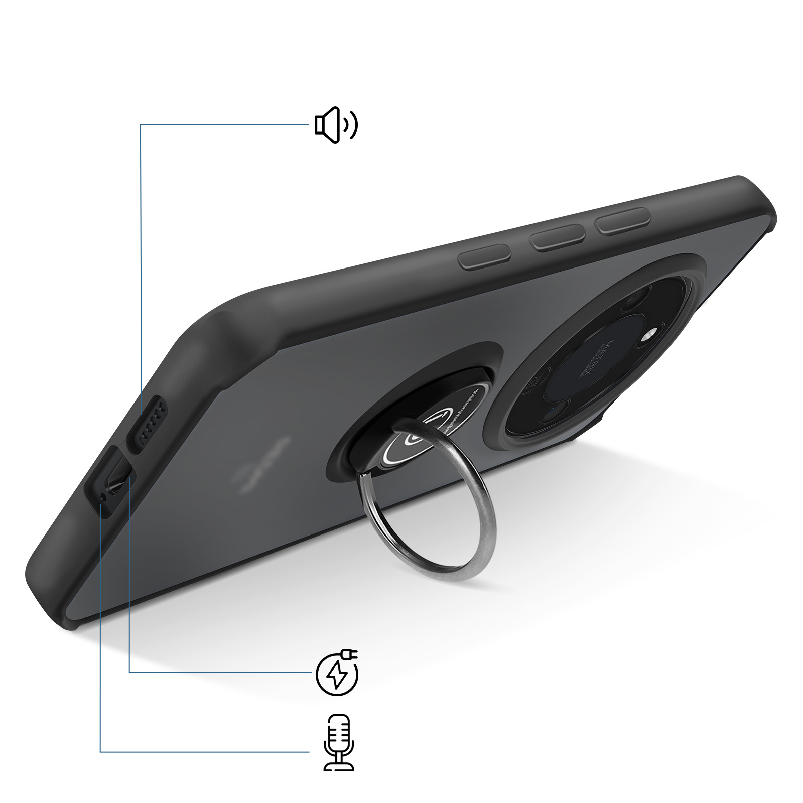 Un smartphone avec support anneau et icônes son, charge et micro.