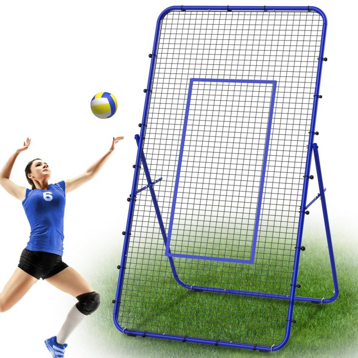 Eine Frau in blauer Sportkleidung spielt Volleyball neben einem blauen Trainingsnetz auf grünem Gras.