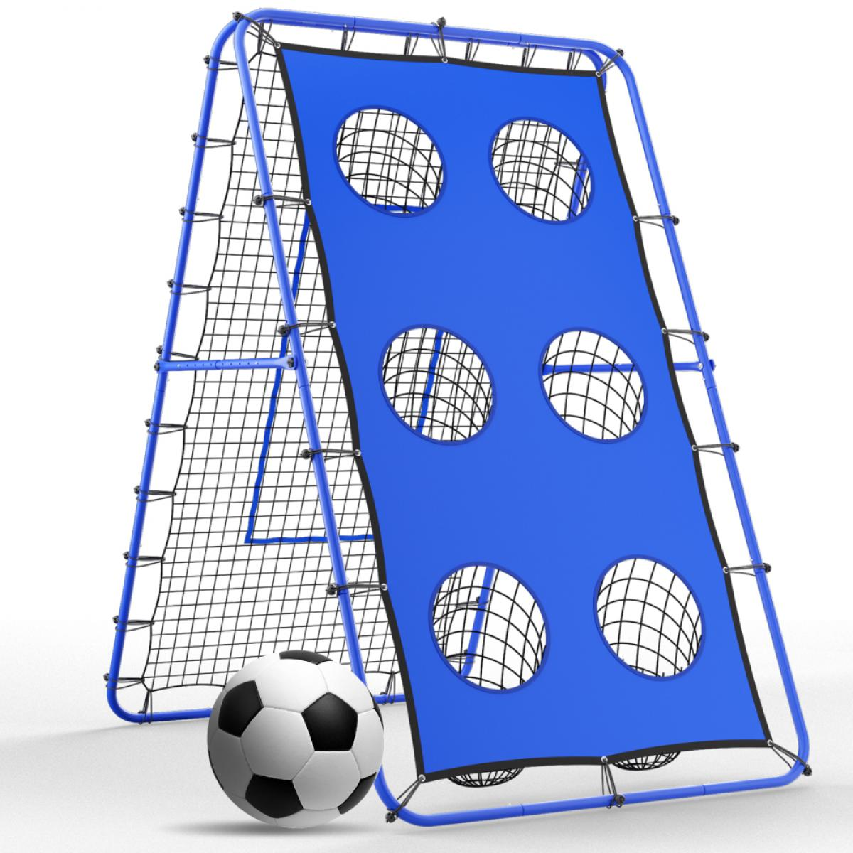 Ein Fußballtrainingstor mit blauem Netz und Ball.