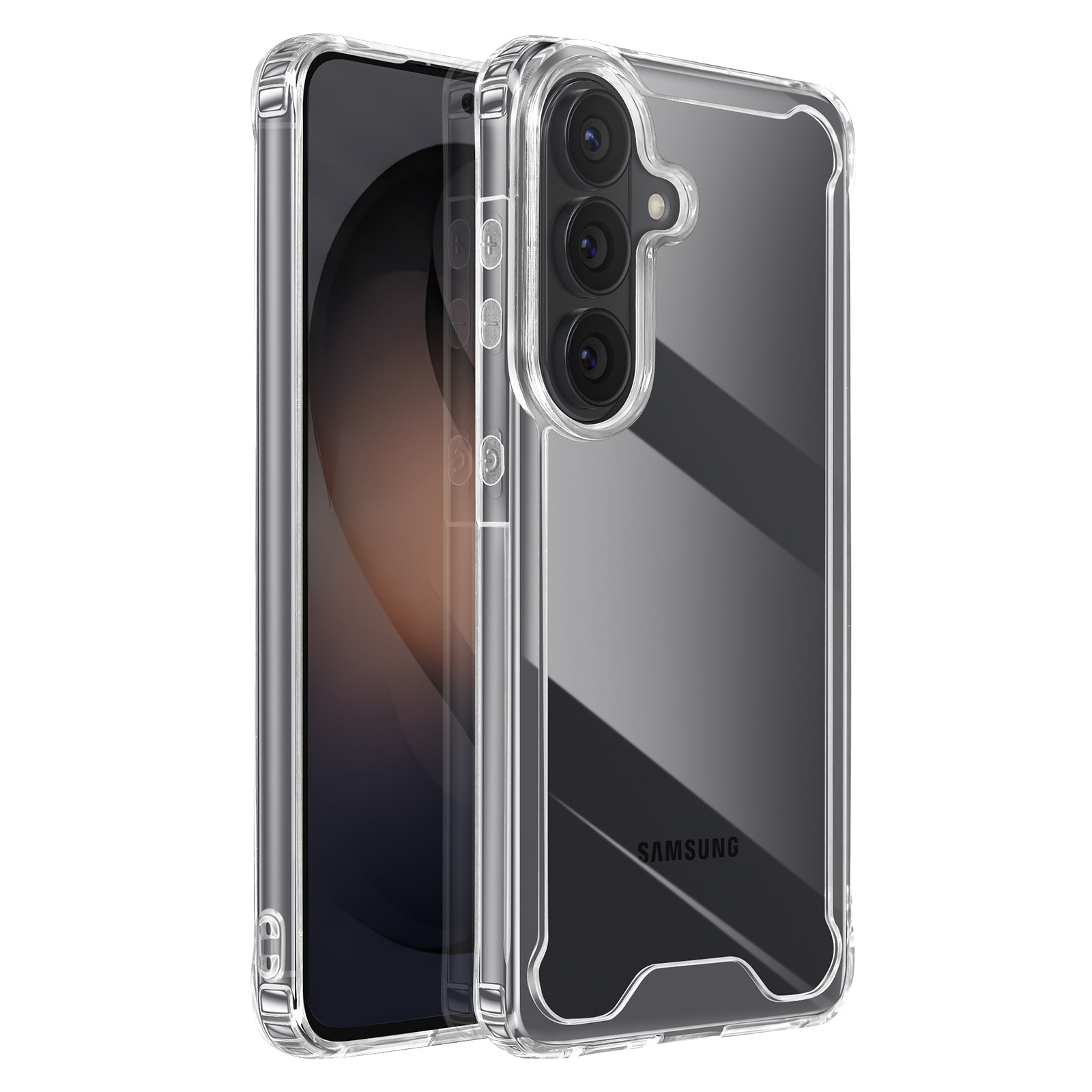 Doorzichtige telefoonhoes op een smartphone met drie camera's.