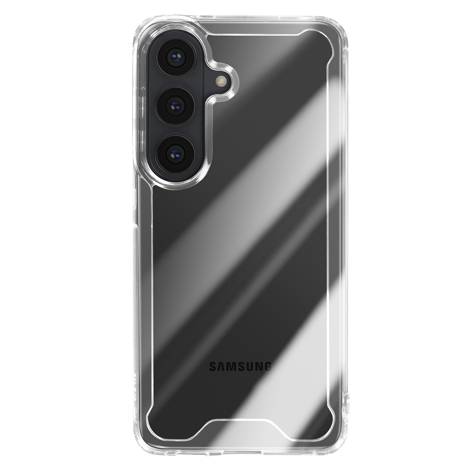 Transparante telefoonhoes met drie cameralenzen en Samsung-logo.