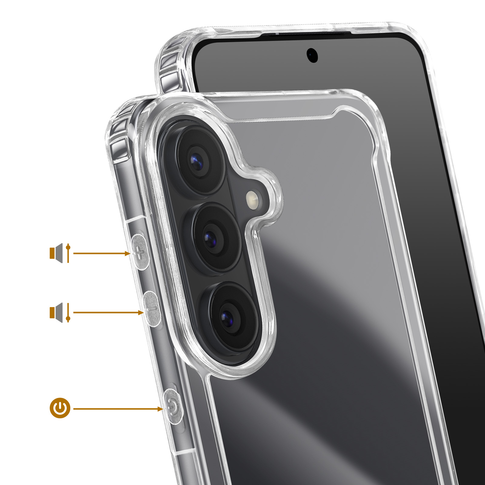 Transparante telefoonhoes met cameralenzen en volume-/aan/uit-knoppen.