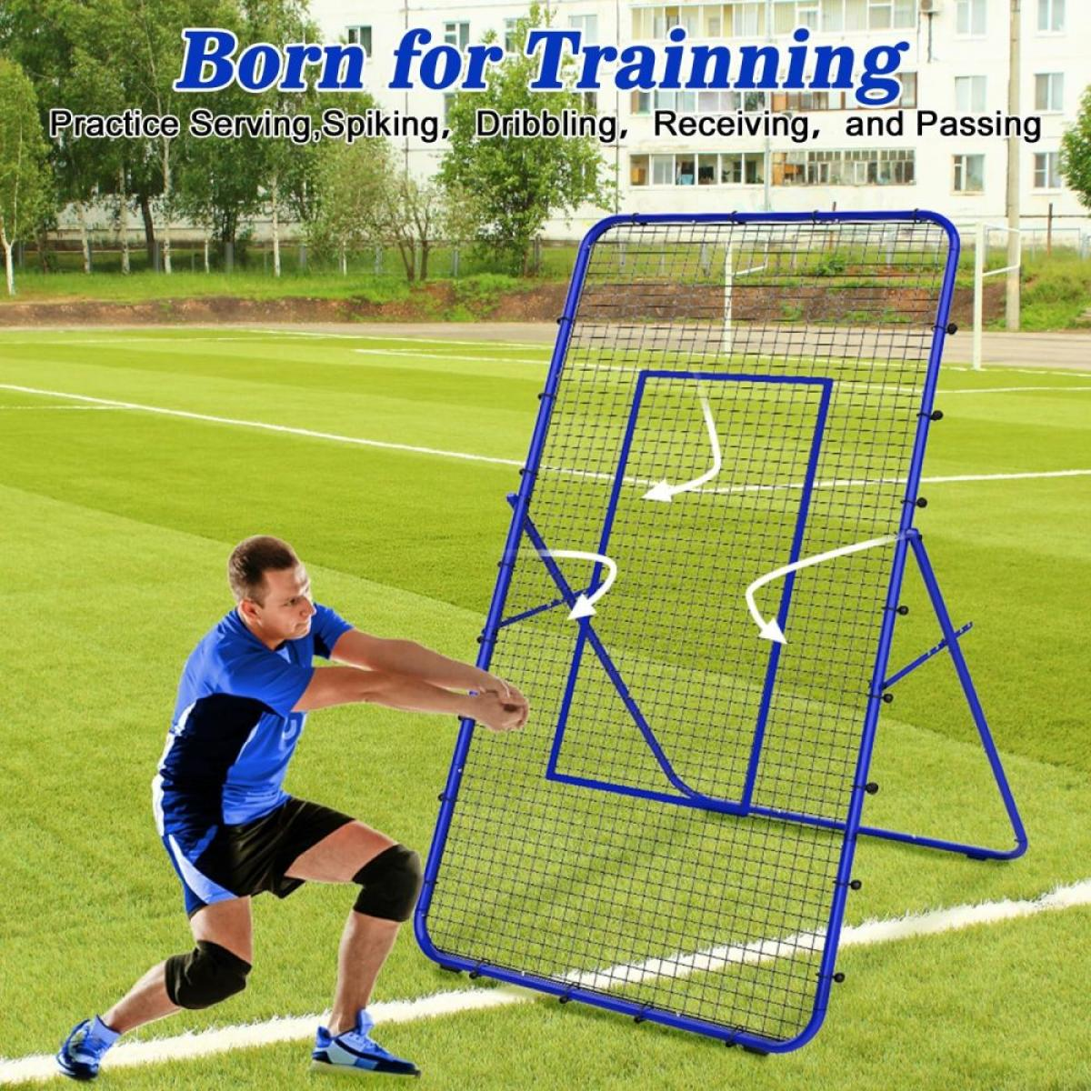 Ein Mann in Sportkleidung übt Volleyball an einem blauen Trainingsnetz auf einem Feld.