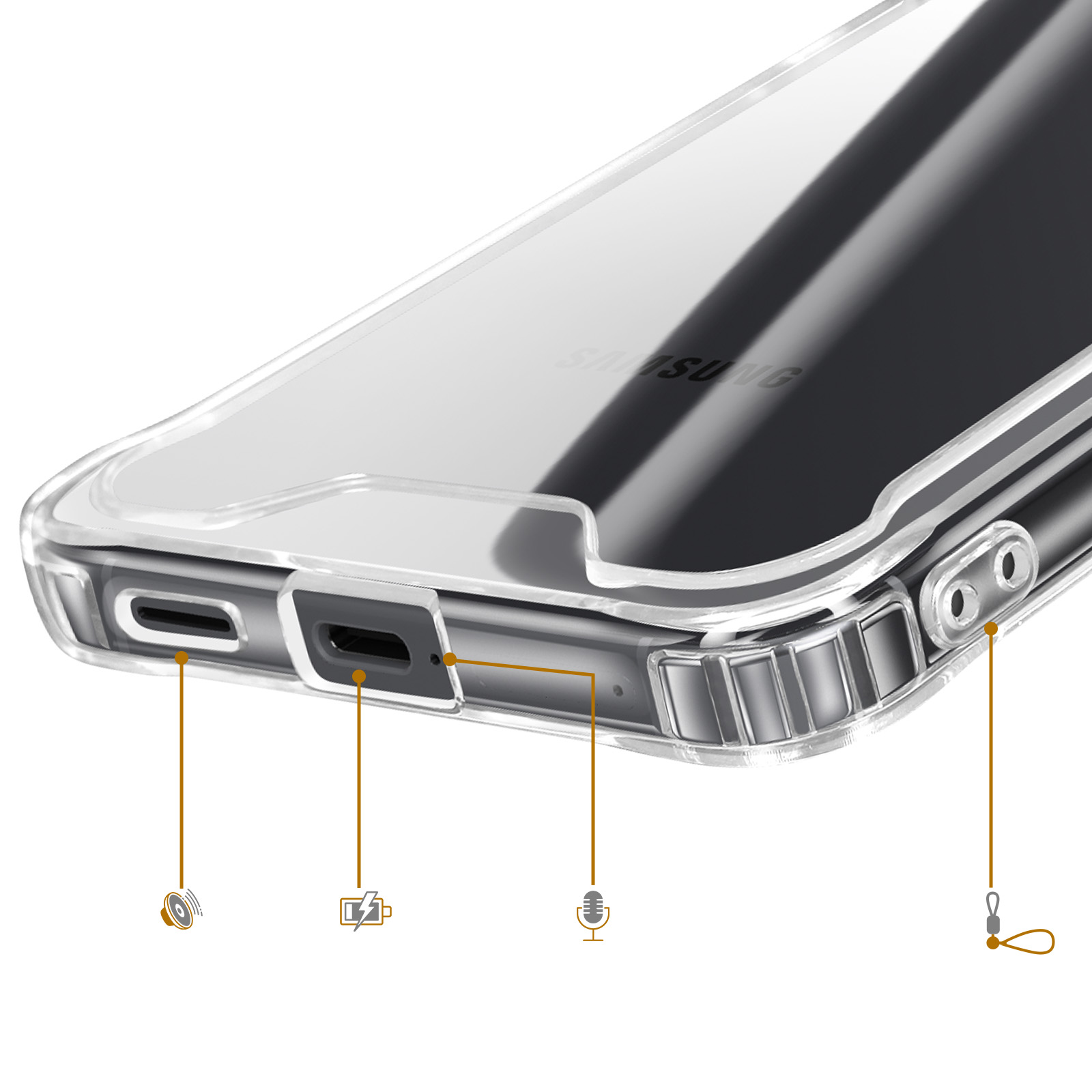 Doorzichtige telefoonhoes met poorten voor opladen, microfoon en luidspreker.