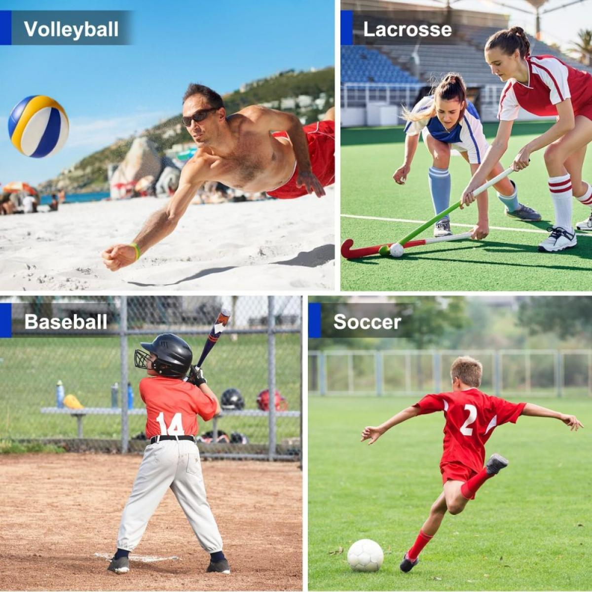 Ein Mann spielt Volleyball am Strand, Kinder spielen Lacrosse, ein Junge schlägt Baseball, ein Junge kickt Fußball.