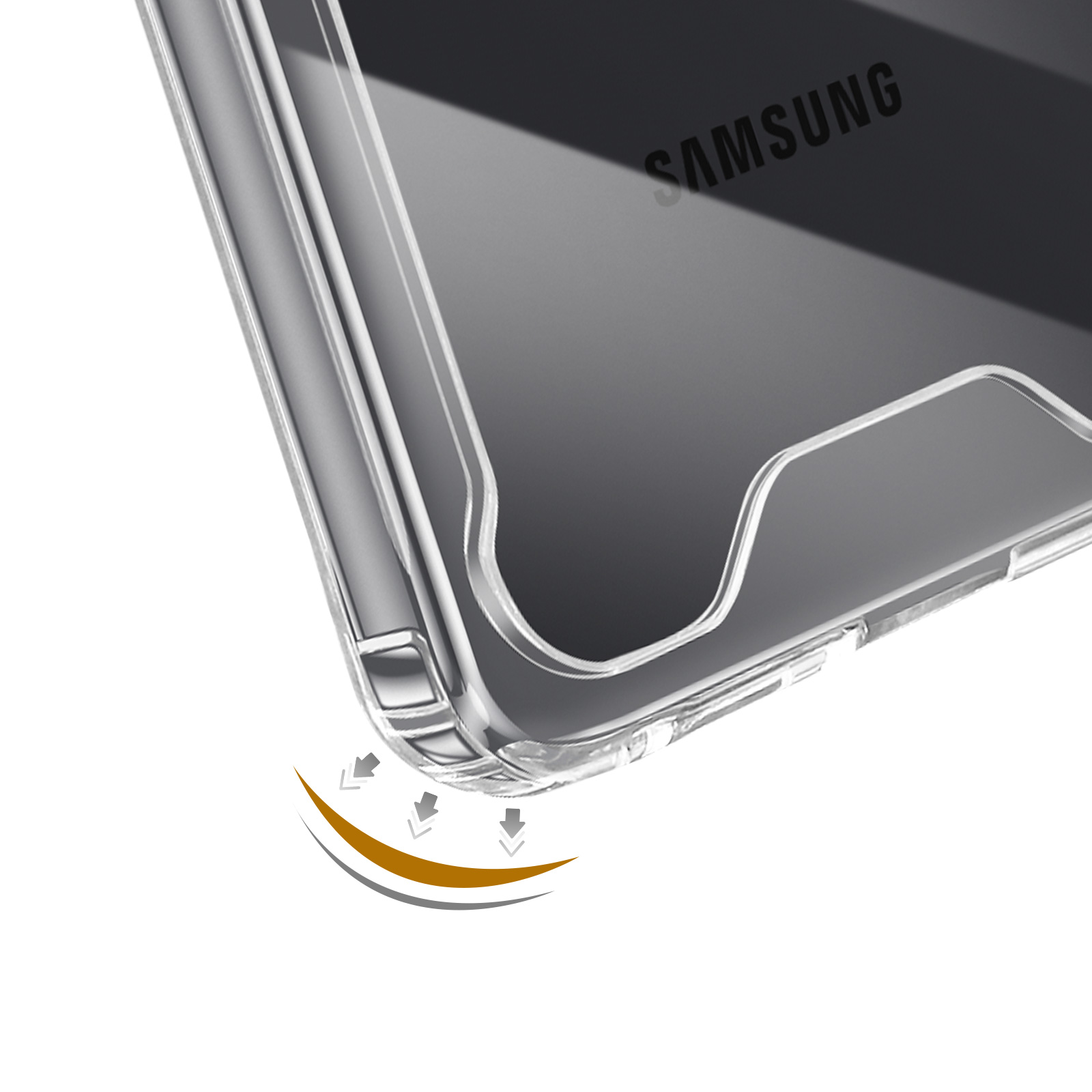 Doorzichtige telefoonhoes met SAMSUNG-logo en valbeschermingssymbolen.