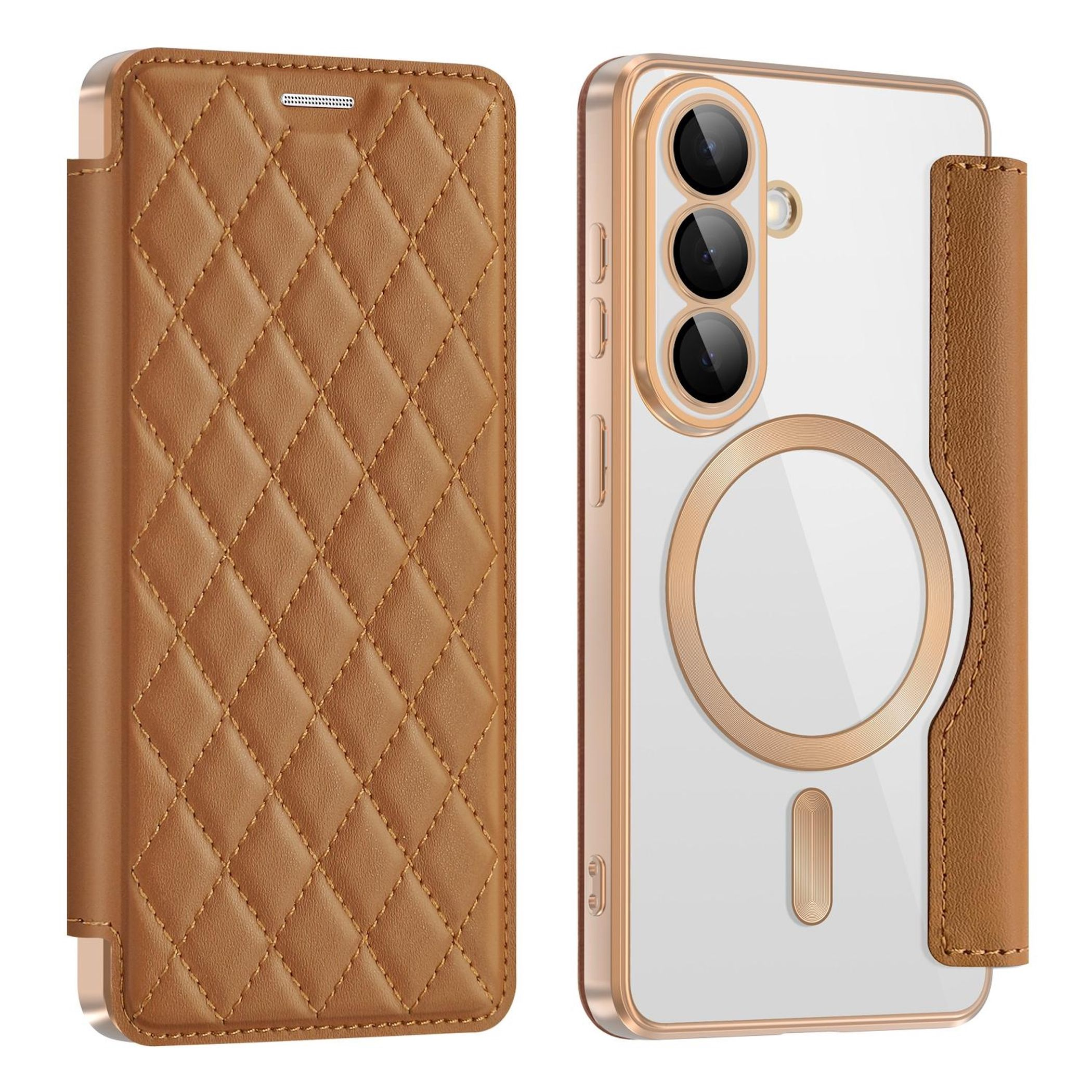 Braune Lederhülle mit Rautenmuster und ein transparentes Handy mit Kameras.