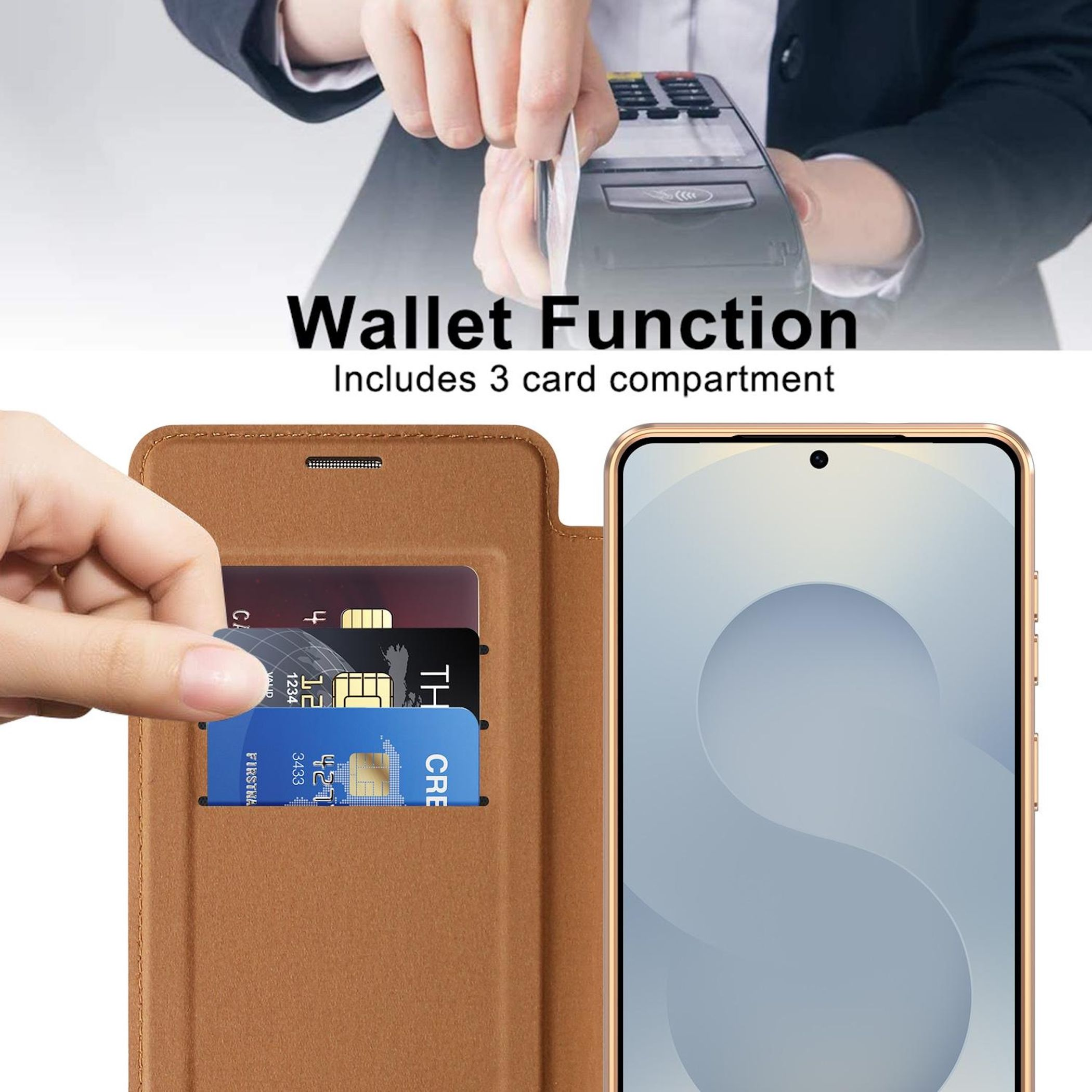 Eine Hand steckt Karten in ein braunes Portemonnaie neben einem Smartphone.
