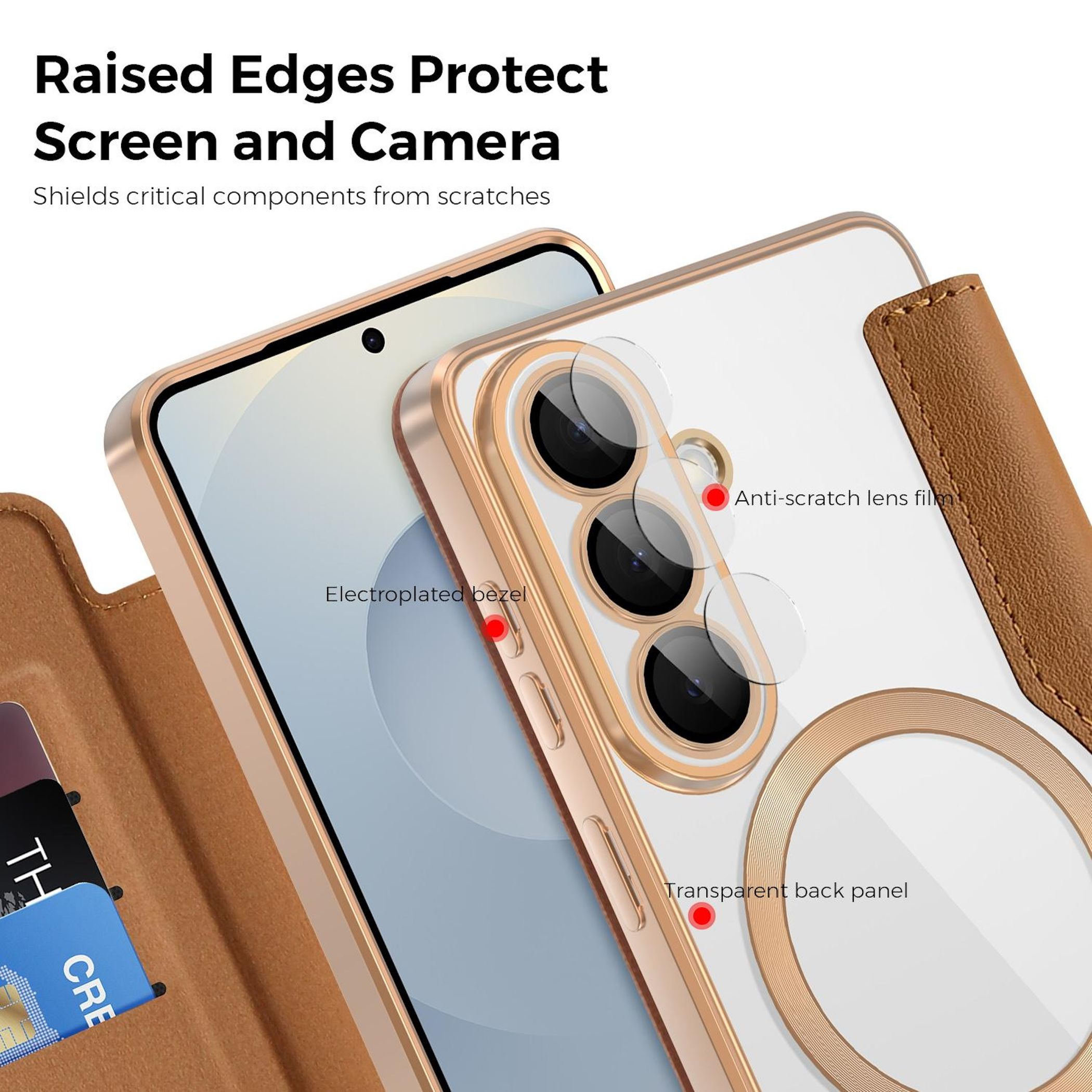 Braunes Lederetui mit durchsichtigem Handy, goldener Lünette und Kameraschutz.