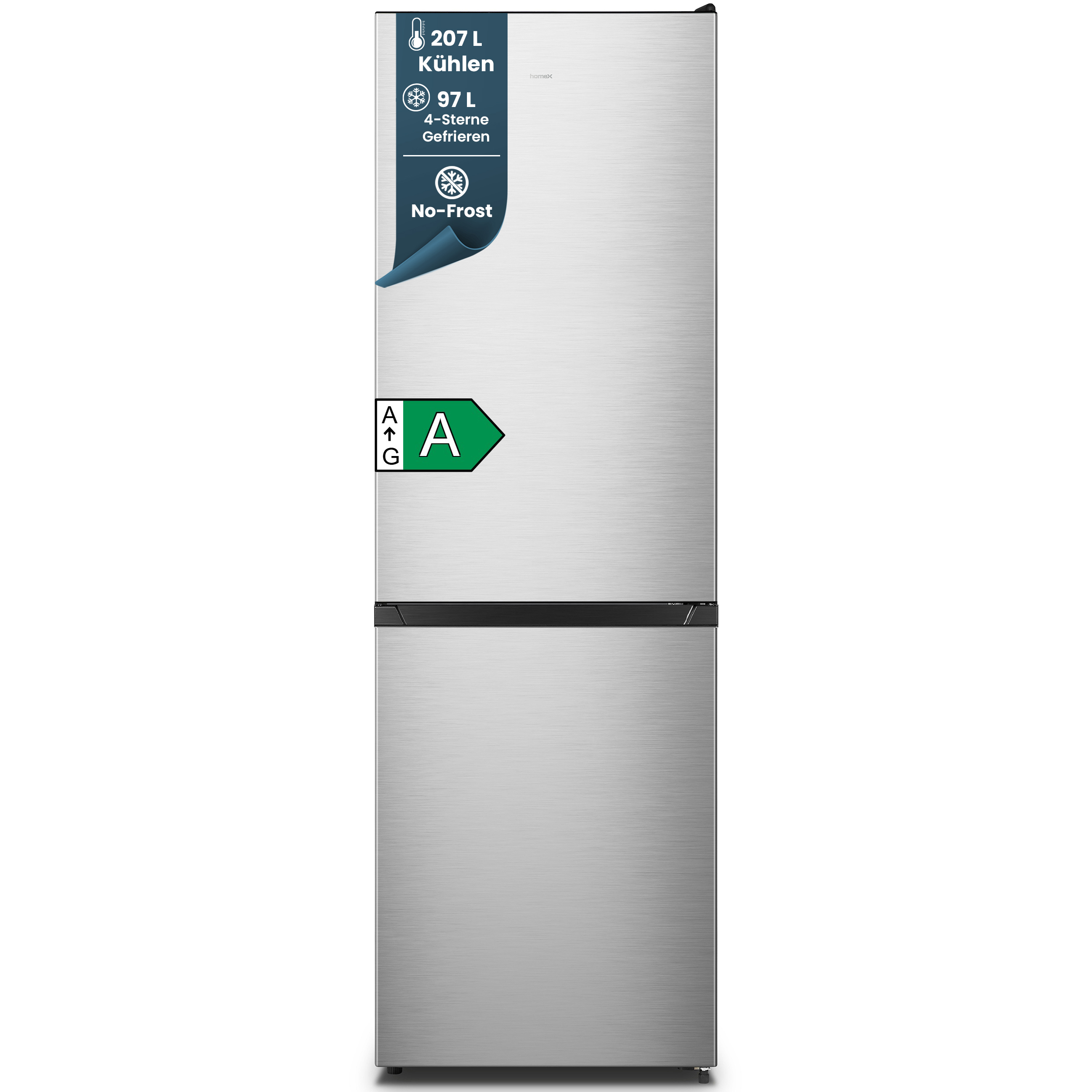 Edelstahl Kühlschrank mit Energieeffizienzklasse A und No-Frost-Technologie.