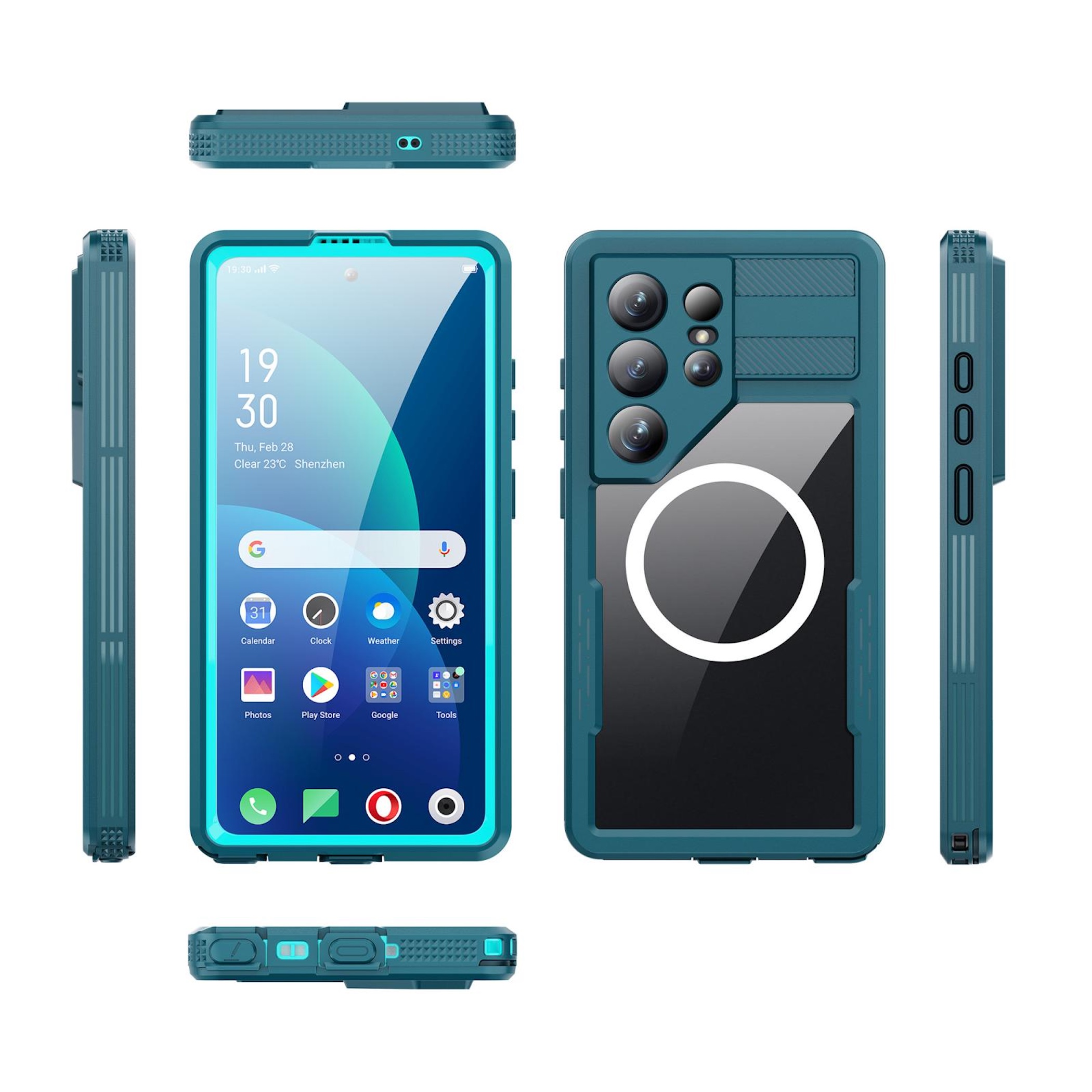 Un smartphone azul verdoso en funda protectora, vista frontal y trasera.