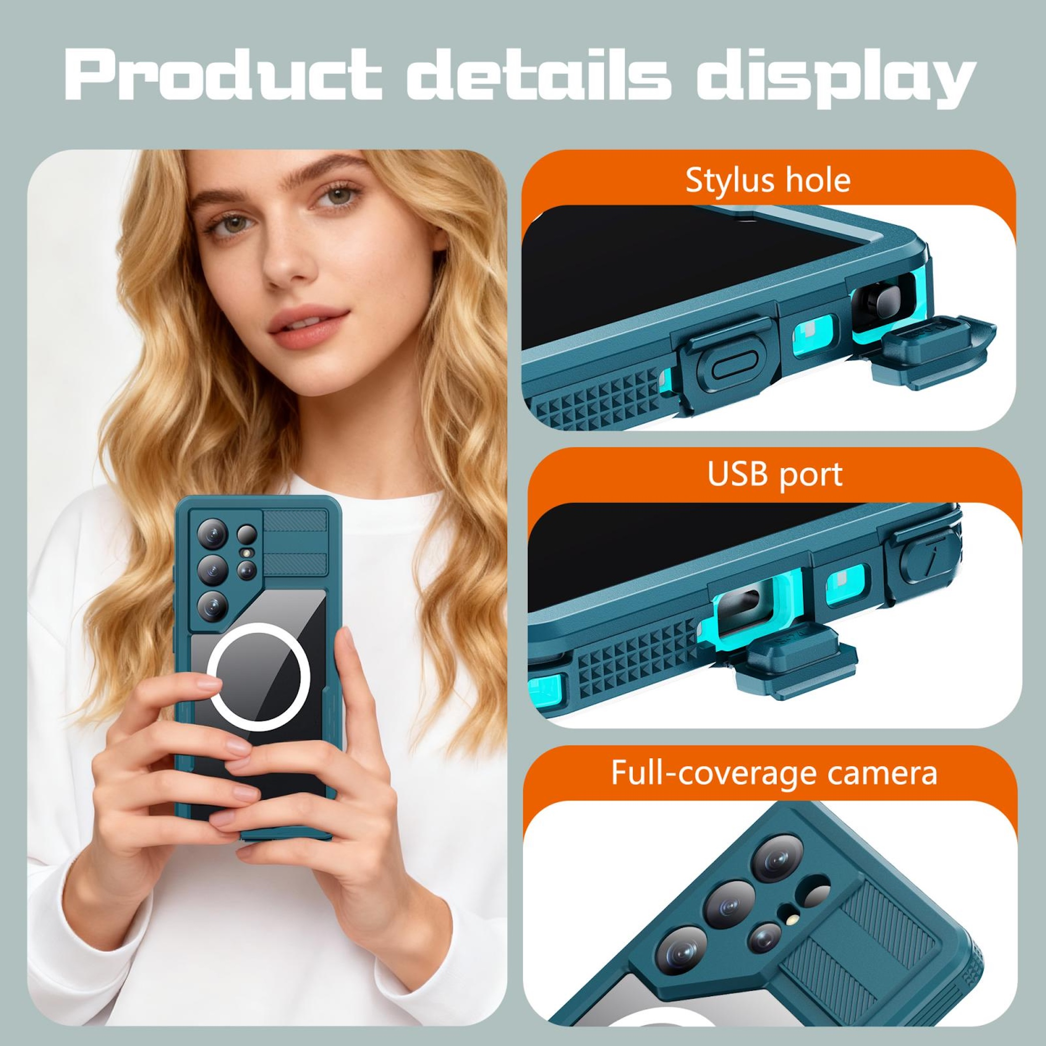 Una mujer sostiene una funda de teléfono verde azulado. Primeros planos muestran ranura para lápiz, puerto USB y cámara.
