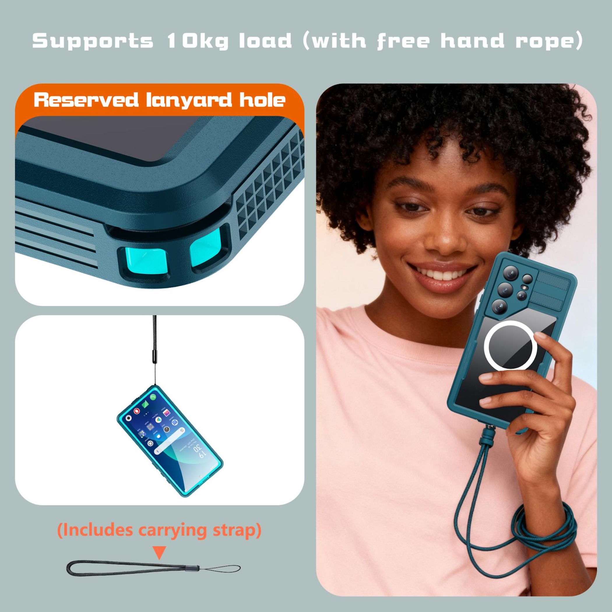 Mujer con funda de teléfono; orificio para cordón; capacidad 10 kg.