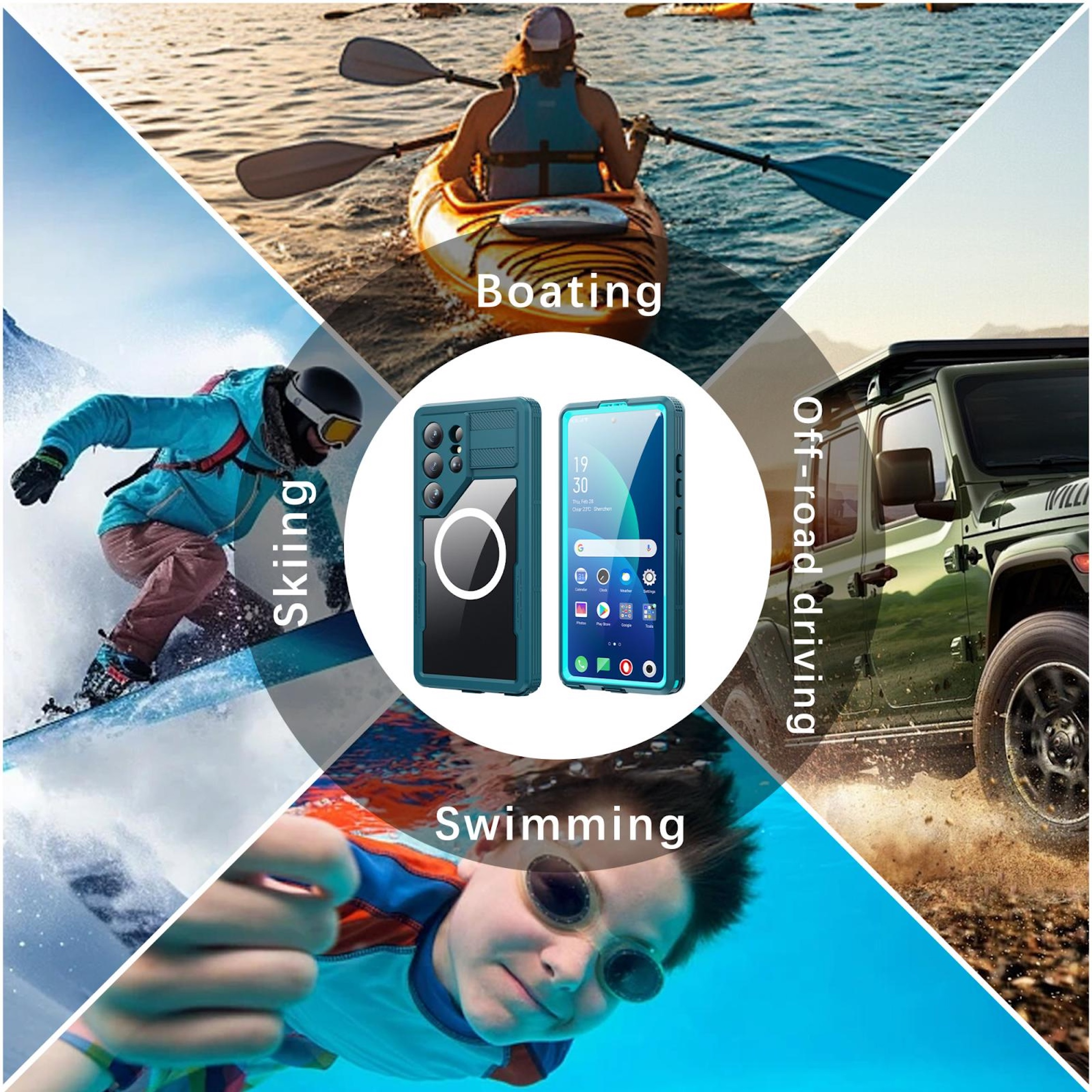 Colage: Esquí, navegación, todoterreno, natación y un teléfono con funda.