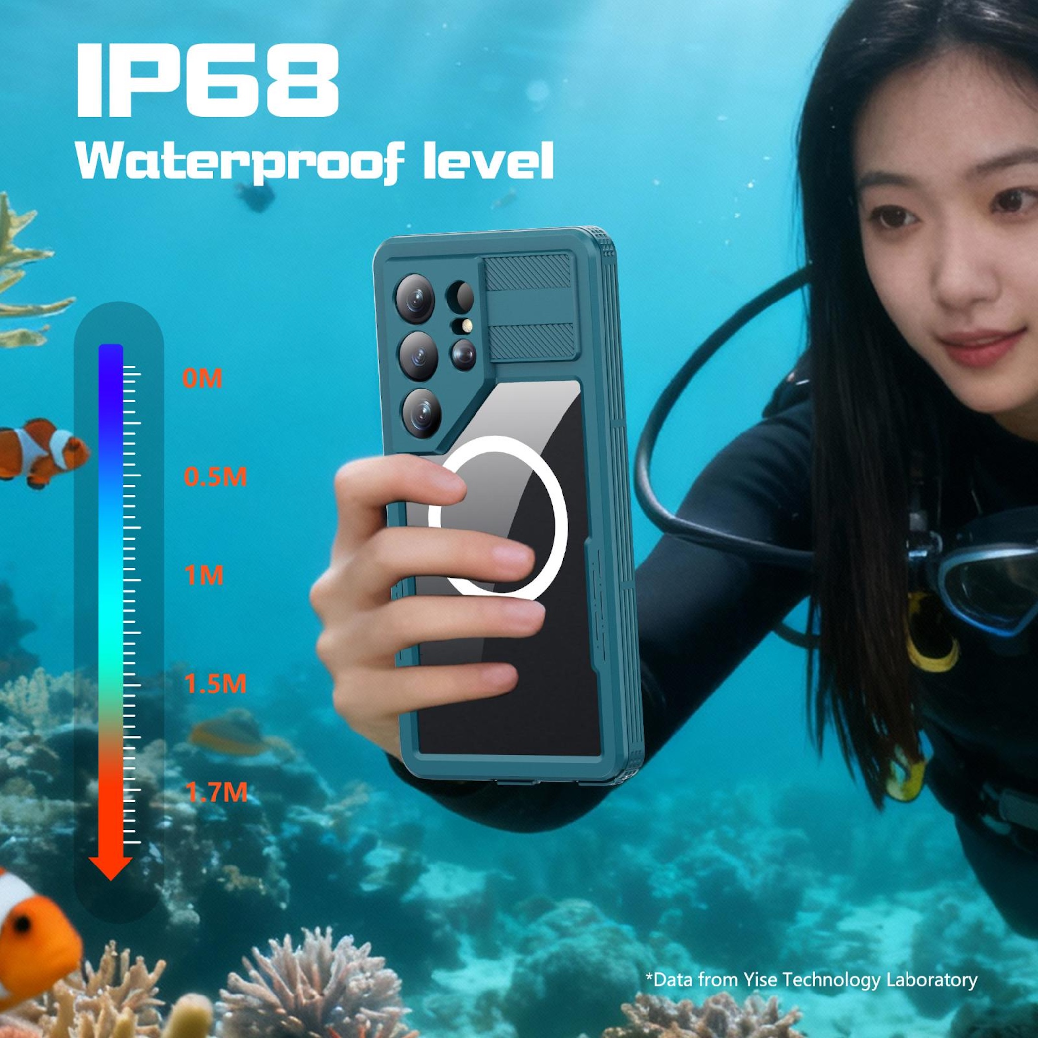 Buzzo con teléfono impermeable; escala de profundidad con peces payaso.