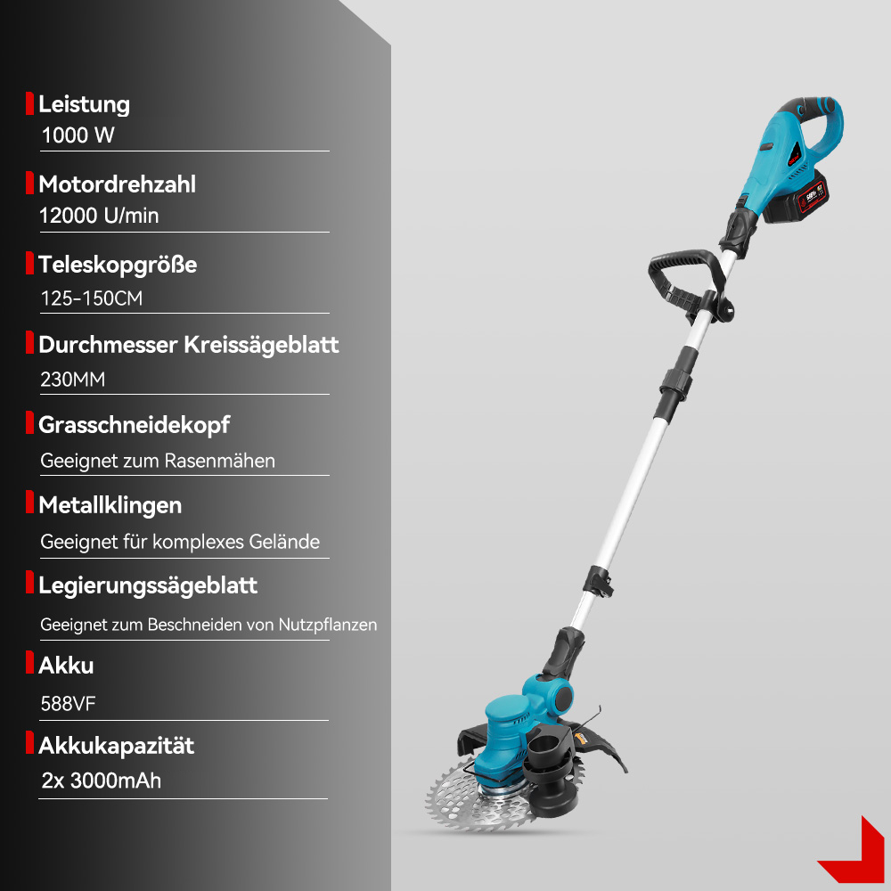Ein blauer und schwarzer Akku-Rasentrimmer mit Sägeblatt und technischen Daten.