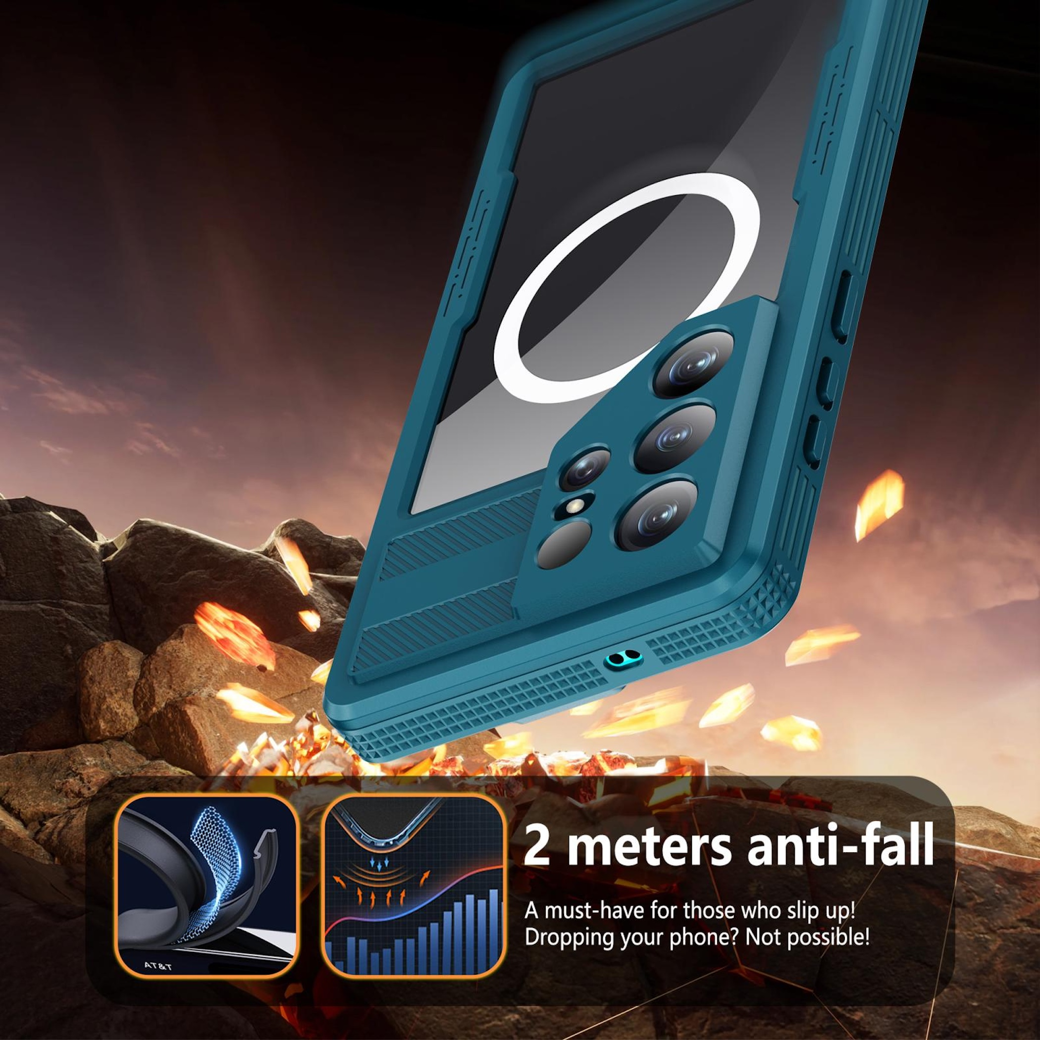 Funda azul para teléfono cayendo ante rocas, protección anticaídas 2m