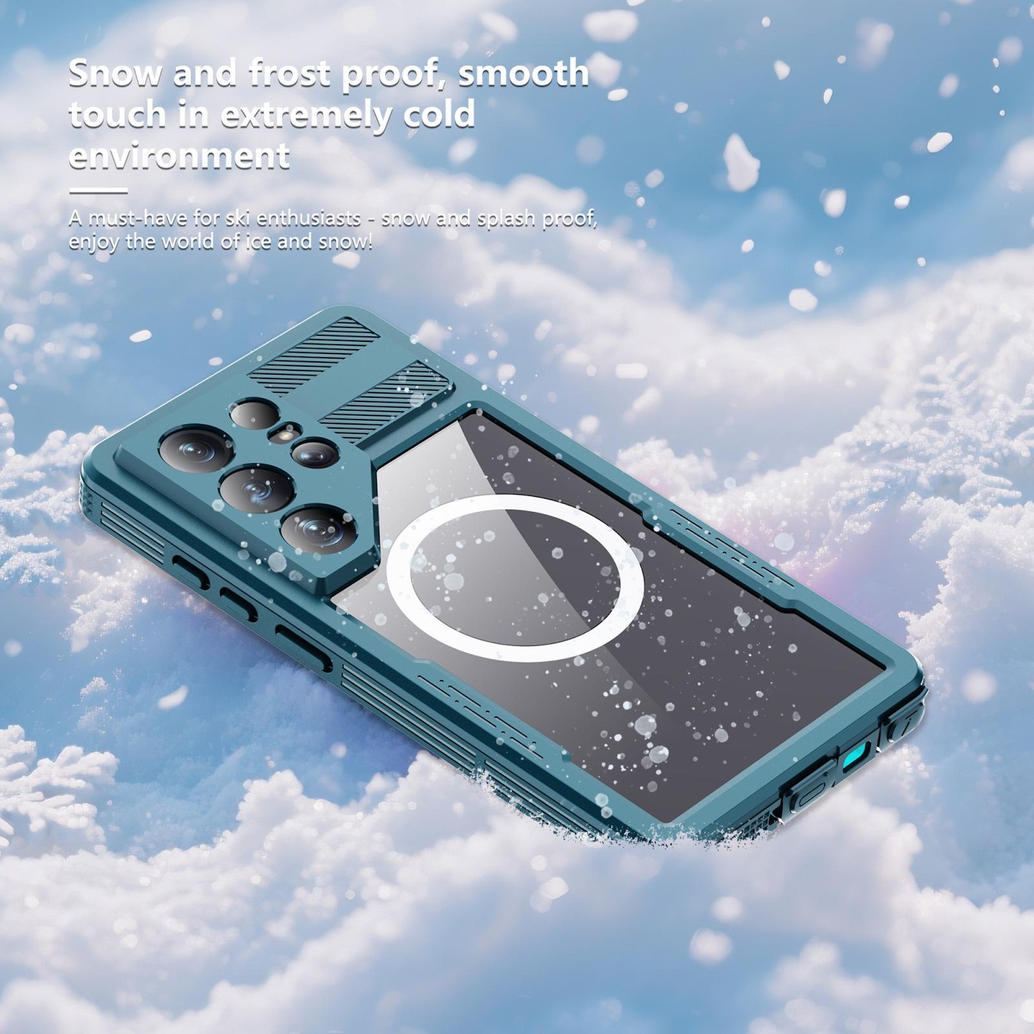 Funda de teléfono robusta en paisaje nevado helado, protege del frío y agua.