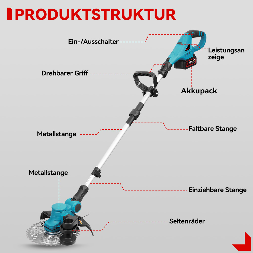 Ein blauer Rasentrimmer mit detaillierter Produktstruktur-Illustration.