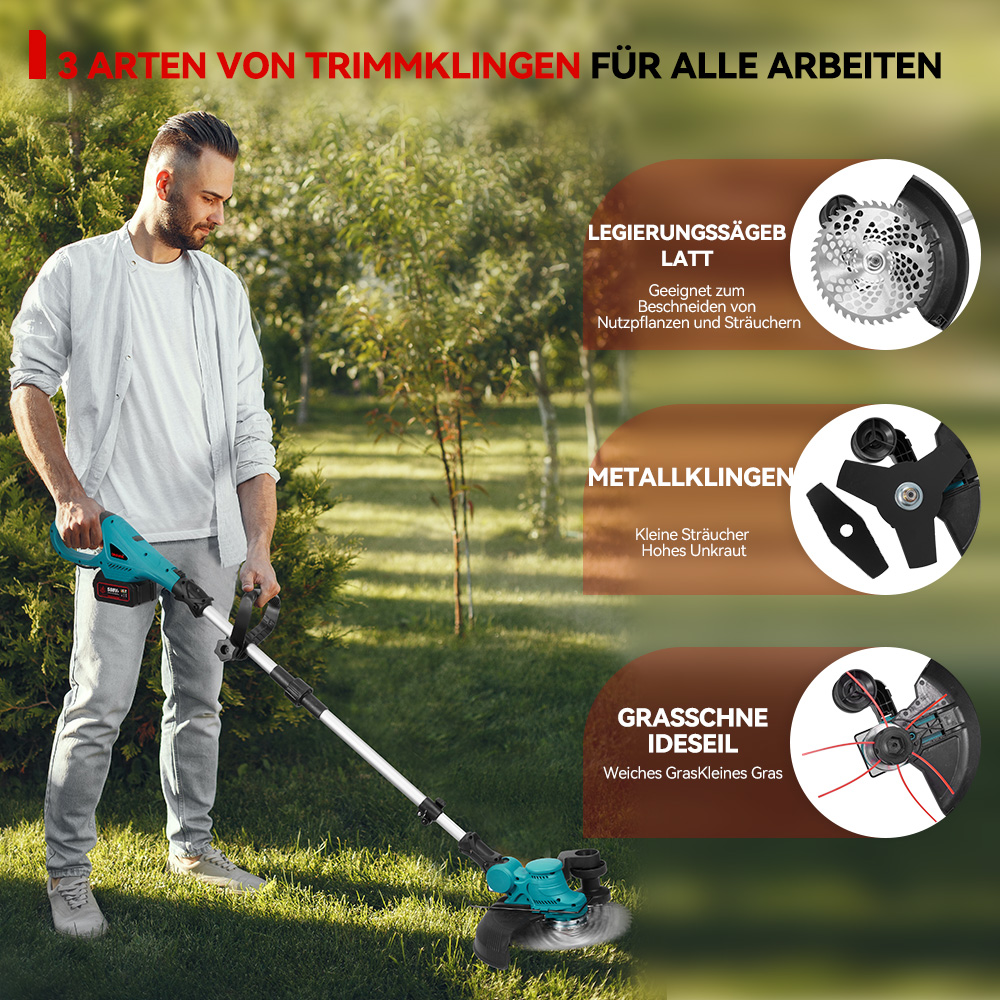 Mann mit Rasentrimmer im Garten, zeigt drei Klingentypen für verschiedene Arbeiten.