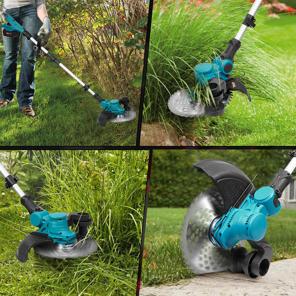 Ein Mann trimmt Gras und Büsche mit einem elektrischen Rasentrimmer.