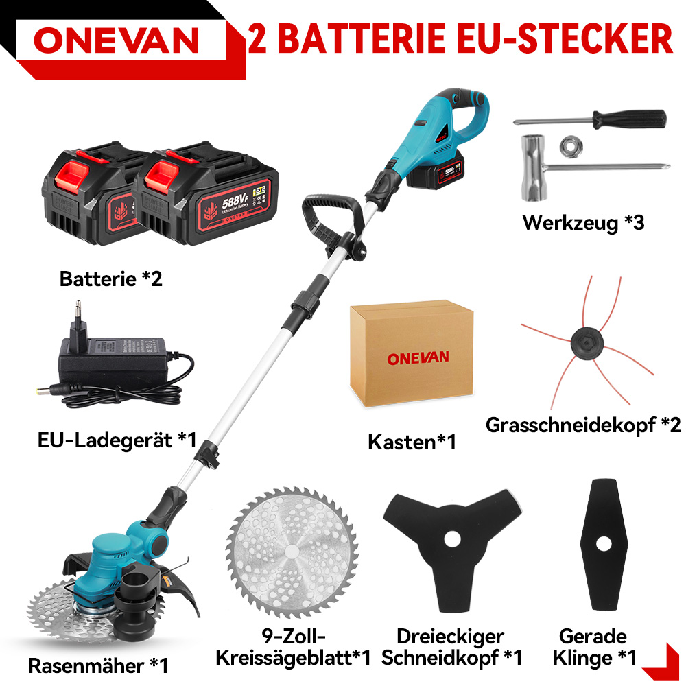 Ein Akku-Rasentrimmer-Set mit zwei Batterien, Ladegerät, Werkzeugen und Schneidköpfen.