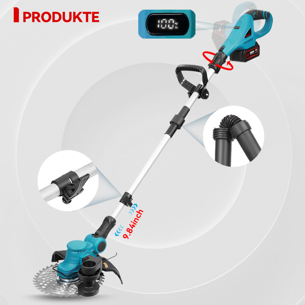 Ein blau-schwarzer Akku-Trimmer mit 100% Akkuanzeige und Details.